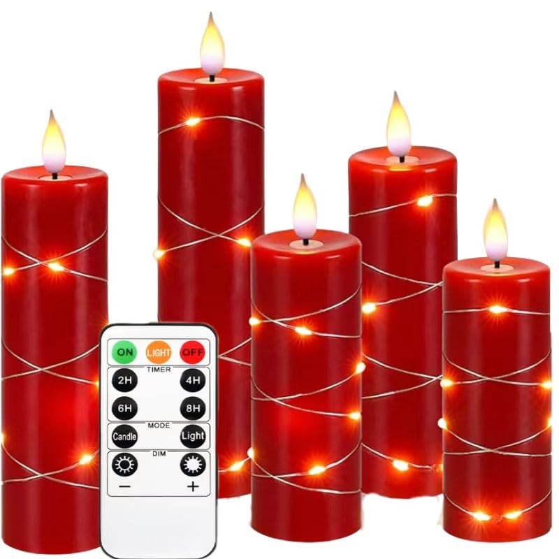 Upinmz Set of 5 Red Flameless LED Pillar Candles with Remote Control, Timer & Flickering String Lights - Battery Operated Decorative Candles for Home, Wedding, Party & Holiday Decorations