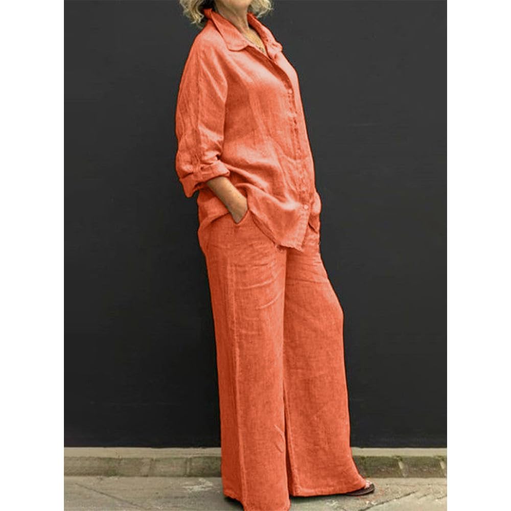 ZOCAVIA Women's 2-Piece Linen Outfit Set - Long Sleeve Shirt & Wide Leg Pants - Plus Size Casual Solid Color Travel Vacation Clothes | Perfect for Summer Beach Trips, Weekend Getaways & Office Wear