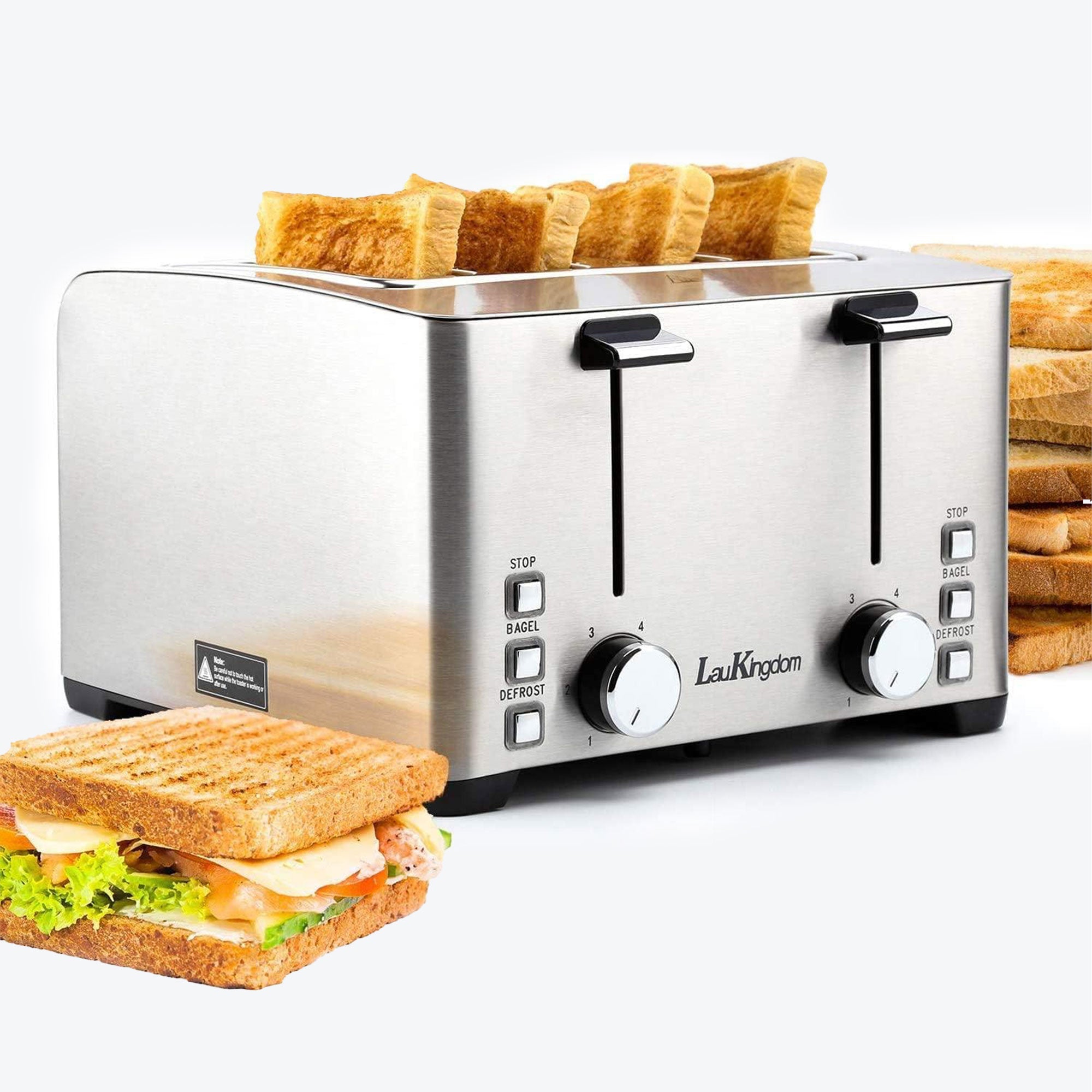 4 Slice Wide Slot Toaster - Stainless Steel with Extra-Wide Bread Slots, Defrost & Reheat Functions | LauKingdom | Perfect for Bagels, Thick Slices & Family Breakfasts