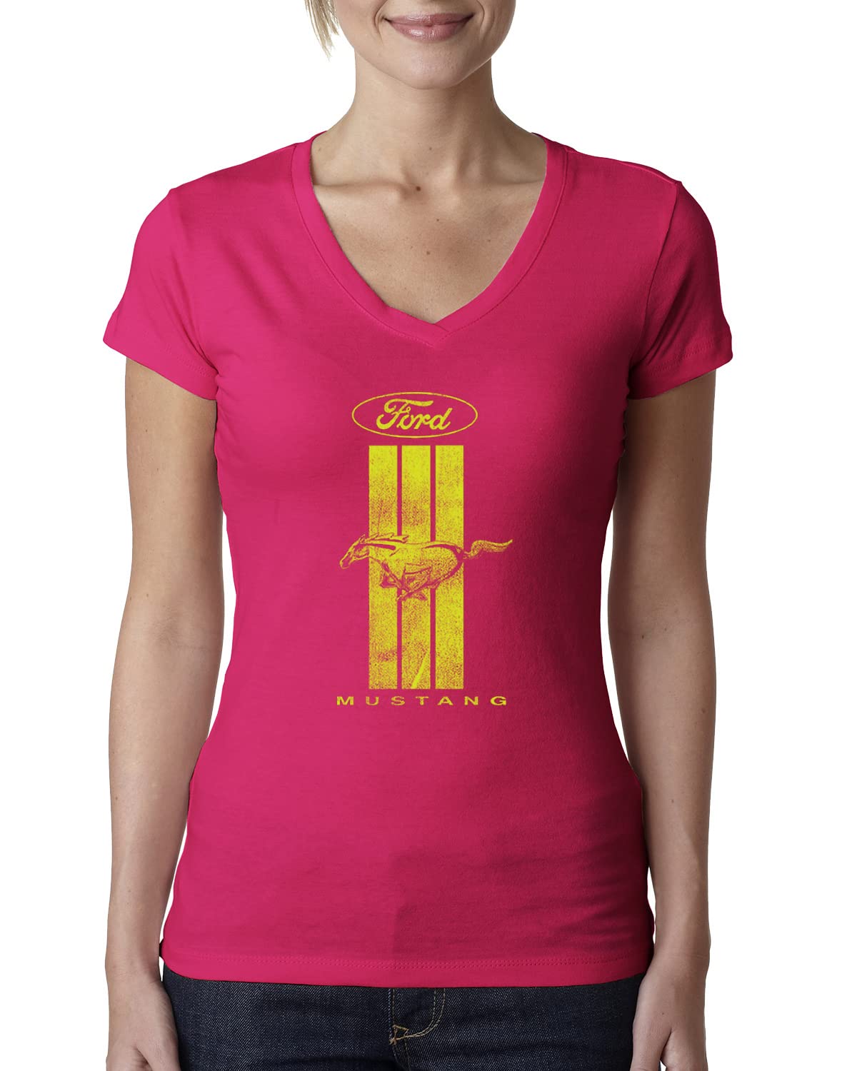 Women's Junior Fit V-Neck T-Shirt with Green Striped Ford Mustang Design - Casual Graphic Tee for Car Enthusiasts, Perfect for Daily Wear, Road Trips & Car Shows
