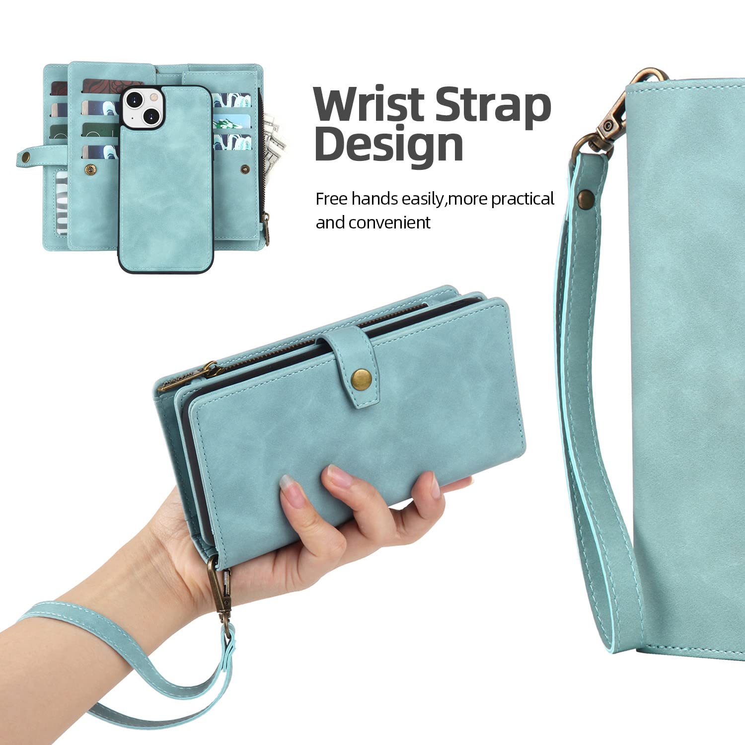 Magnetic Detachable Wallet Case for iPhone 14 with Card Holder & Wrist Strap - PU Leather Phone Cover for Women & Men (Blue) - Perfect for Everyday Use, Travel & Hands-Free Convenience