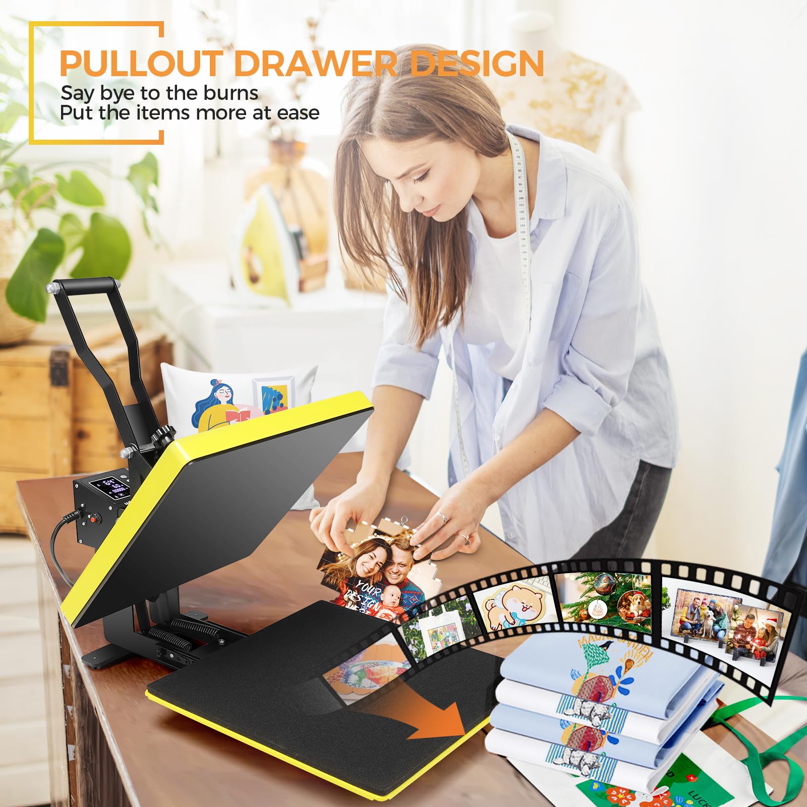 Whubefy 15x15 Inch Slide Out Heat Press Machine - 3 Pre-Set Modes for Easy T-Shirt Printing, DIY Sublimation Transfer for HTV Vinyl, Pillows, Bags & Mouse Pads | Perfect for Home Crafting & Small Business T-Shirt Design