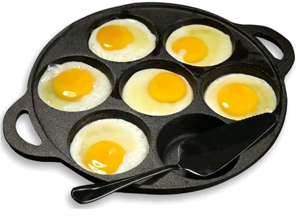 33cm Cast Iron Non-Stick Frying Pan with 7 Round Grids - Perfect for Fried Eggs, Pancakes & Omelettes | Saves Cooking Oil | Ideal for Breakfast, Camping & Home Cooking