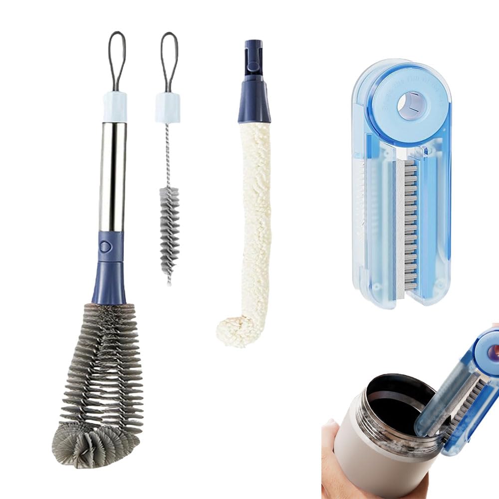 Eco-Friendly 4-in-1 Water Bottle Cleaning Kit with Long Handle - Includes Straw Cleaner, Gap Brush & 3-in-1 Scrubber for Sports Bottles, Baby Bottles, Mugs & Tumblers (Blue) - Perfect for Gym, Travel, Home & Office Use