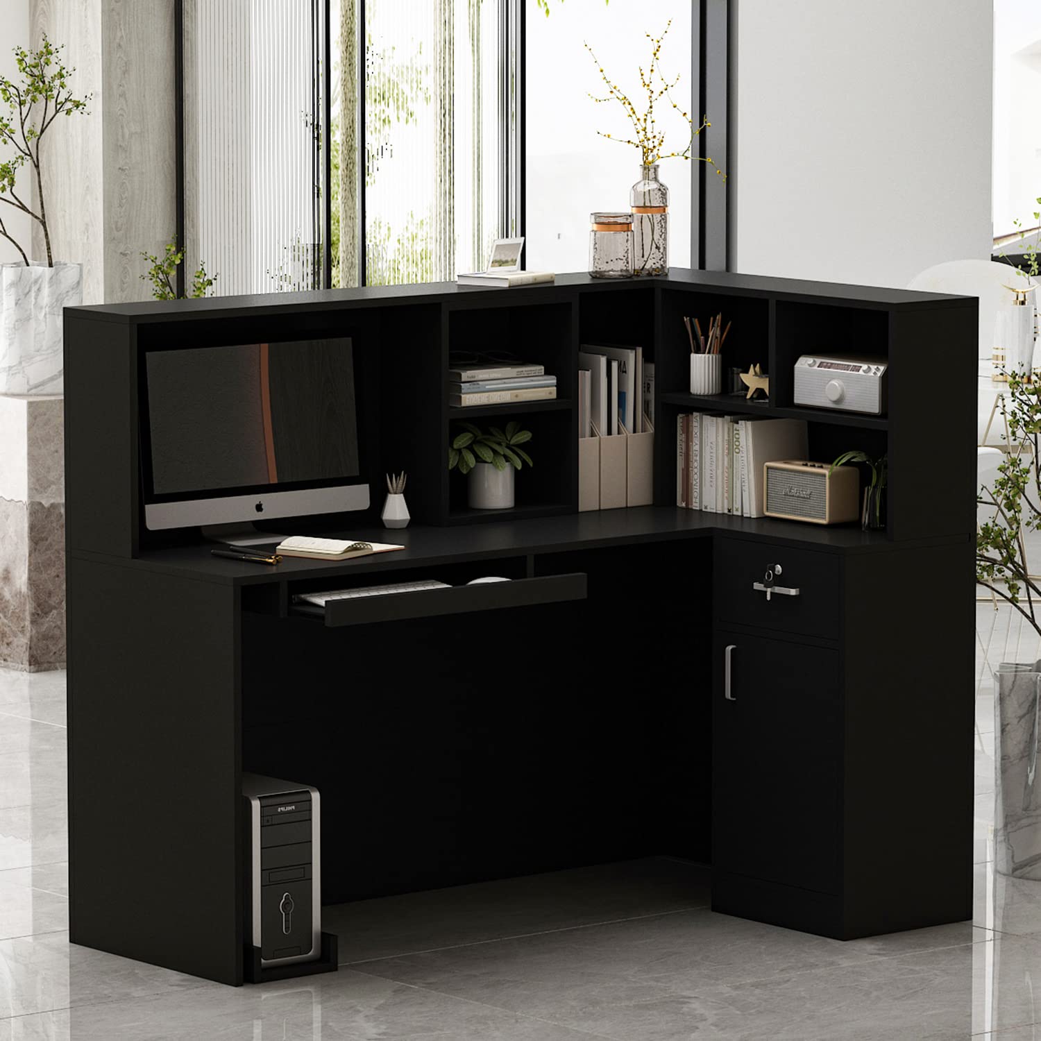 Homsee L-Shaped Reception Desk with Storage Cabinet, Lockable Drawer & Hutch Shelf - Black Office Desk for Professional Workspaces | Perfect for Front Office, Corporate Lobbies & Customer Service Areas