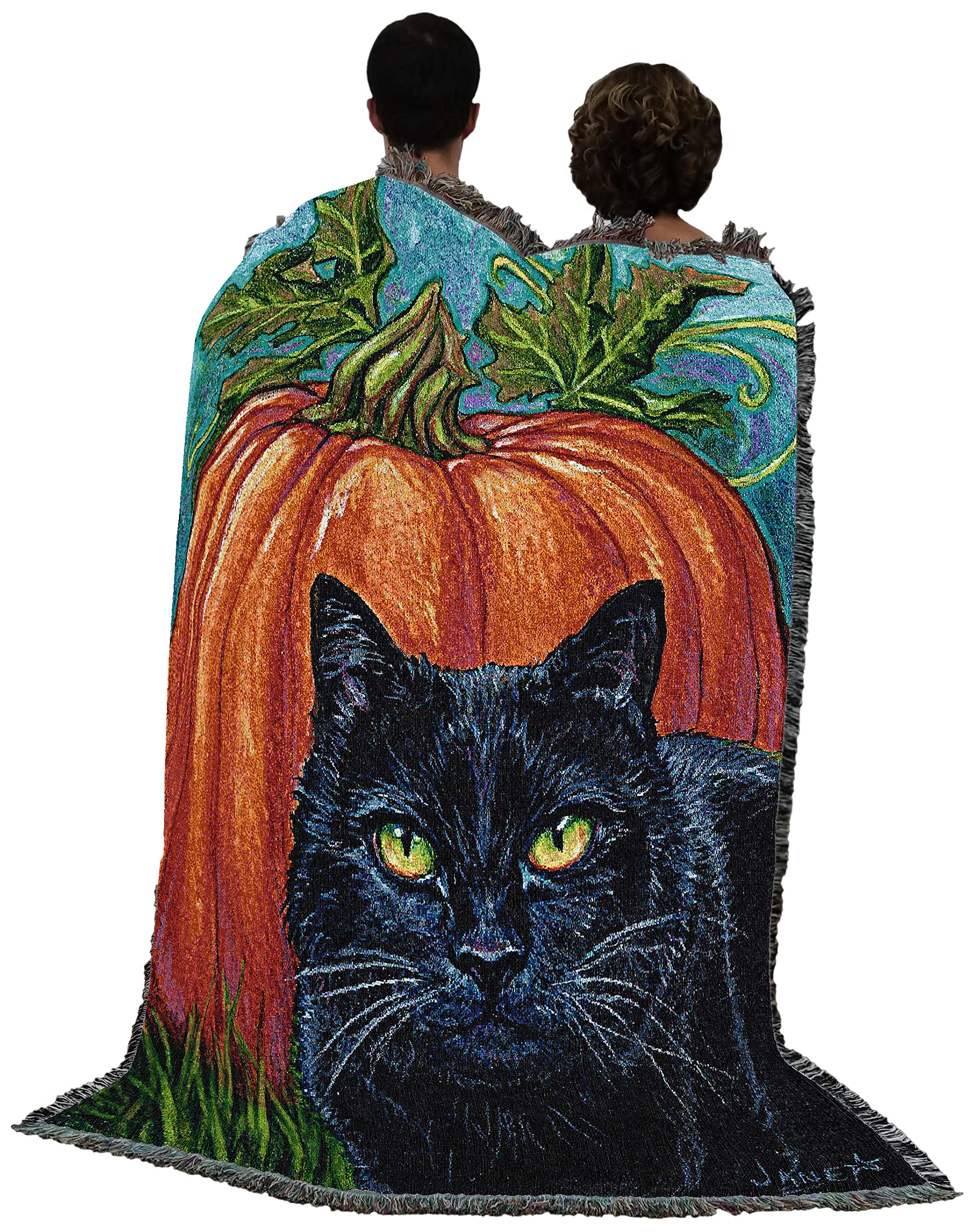 Pure Country Weavers Black Cat and Pumpkin Cotton Woven Blanket - Halloween Fall Decor Throw - 72x54 Inches - Made in USA | Cozy Home Decor for Sofa, Bed & Seasonal Festivities