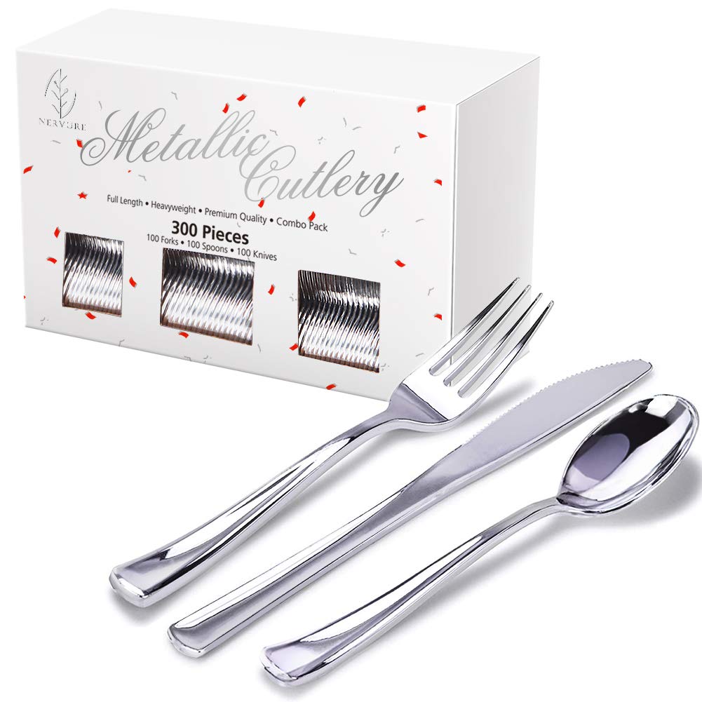 Nervure 300-Piece Silver Plastic Cutlery Set - Heavy Duty Disposable Flatware Includes 100 Forks, 100 Knives, 100 Spoons - Perfect for Parties, Weddings, Catering, Picnics & Outdoor Events