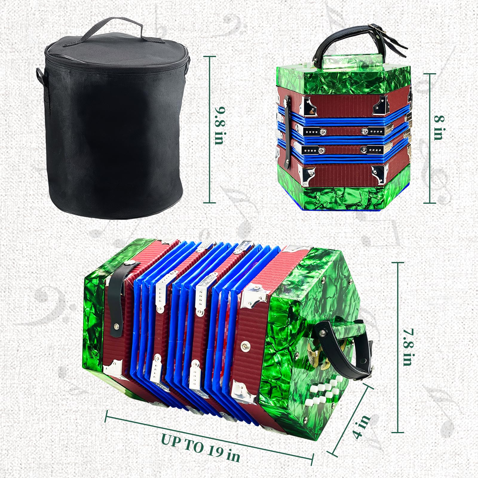 20-Key Professional Concertina Accordion for Adults & Beginners - Adjustable Hand Straps, Green - Perfect for Folk Music, Irish Sessions & Live Performances