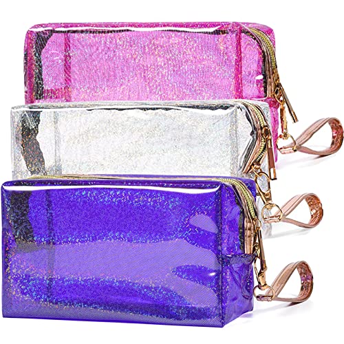 3pcs Clear Makeup Bags for Women Travel, Waterproof PU Leather Cosmetic Organizer - Portable Hanging Toiletry Bag for Train, Gym, Office & Daily Use (Set B)
