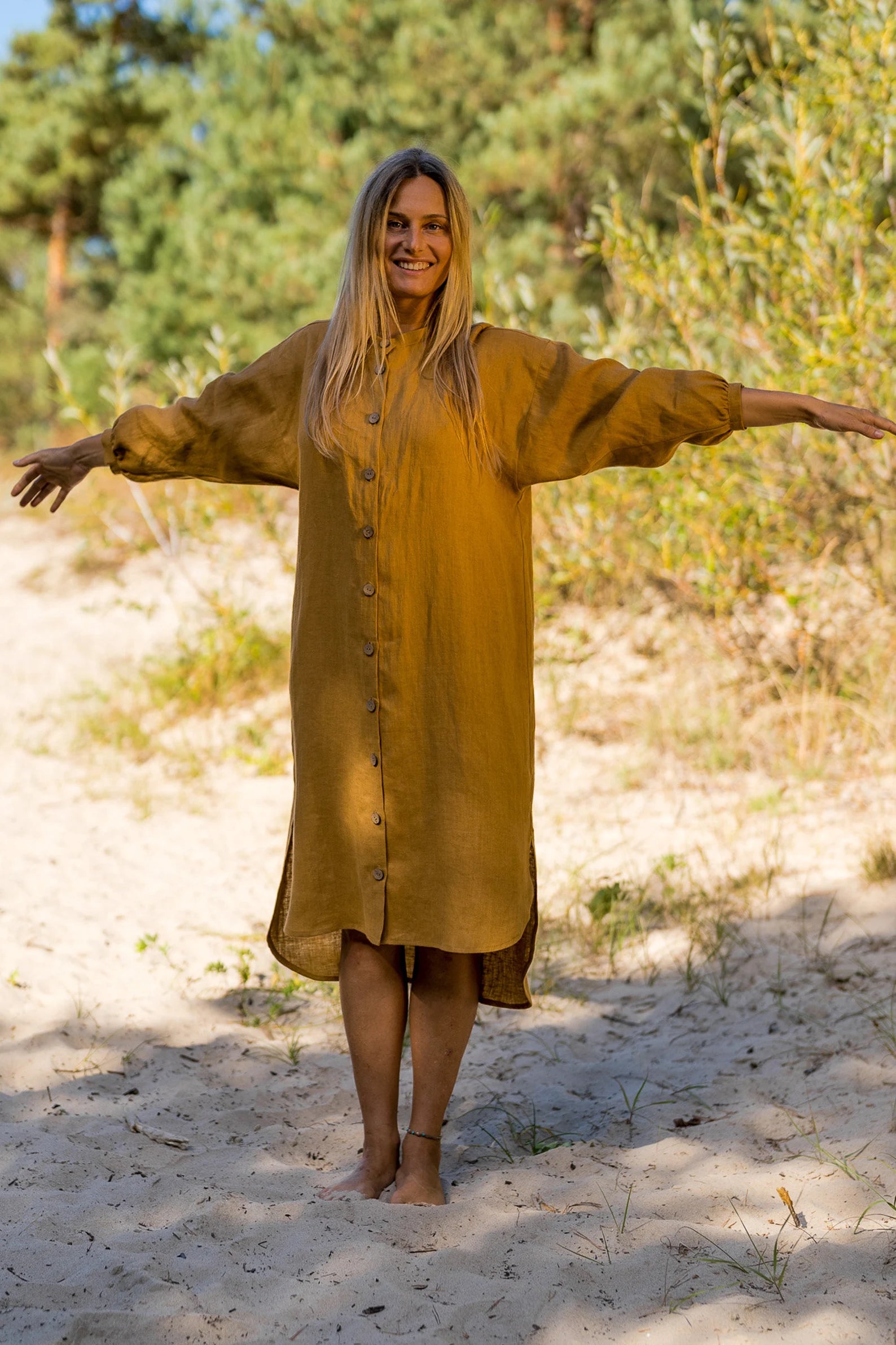 Linen Oversized Shirt Dress for Women | NINA Casual Long Sleeve Button Down Tunic in Amber Yellow | Perfect for Beach Cover-Up, Summer Outfits & Boho Style