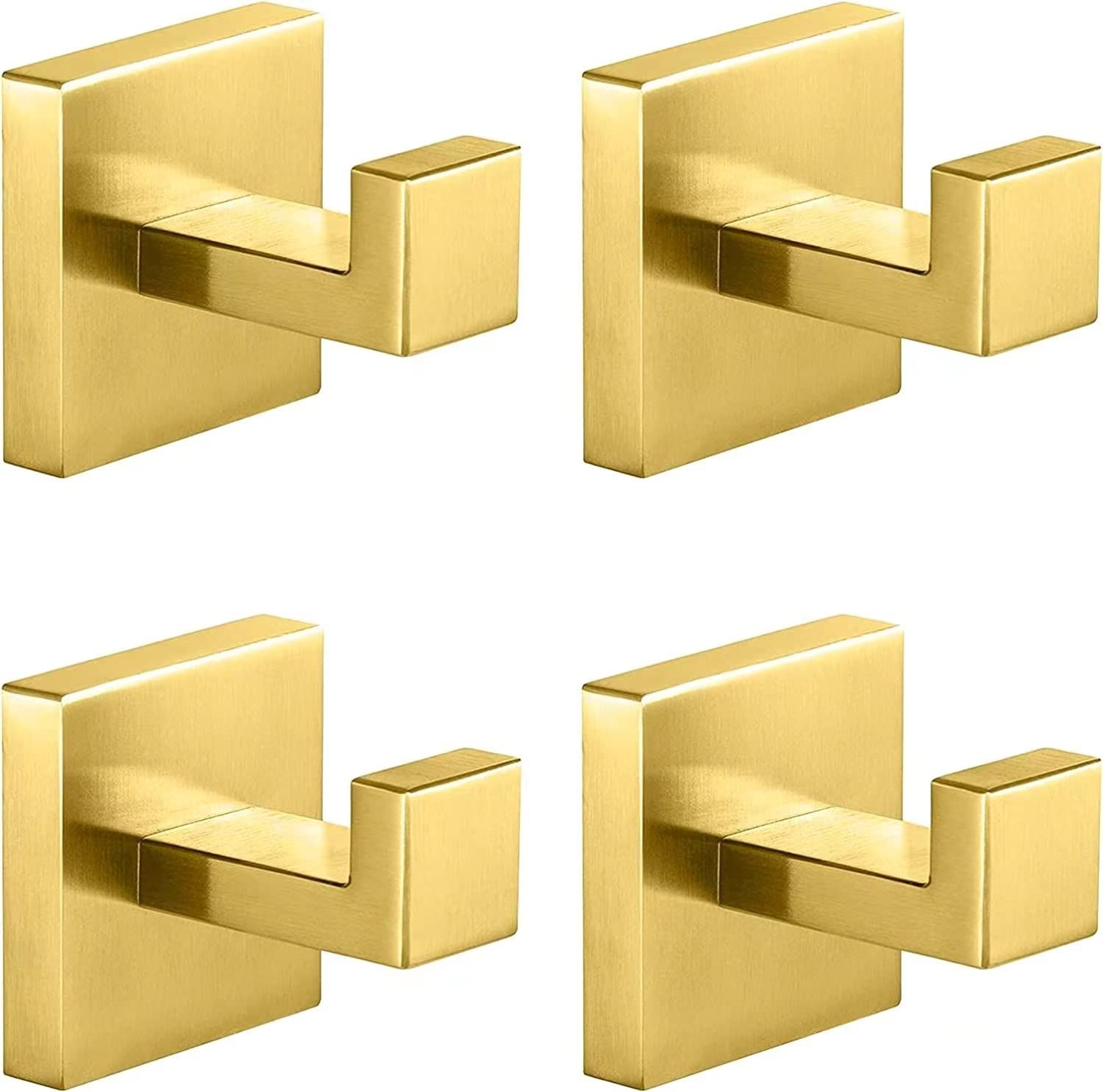 4 Pack Gold Square Towel Hooks - SUS304 Stainless Steel Heavy Duty Wall Mount Hooks for Bathroom, Kitchen & Entryway - Perfect for Hanging Towels, Robes, Coats & Sponges - Rustproof & Durable Bathroom Organization Solution