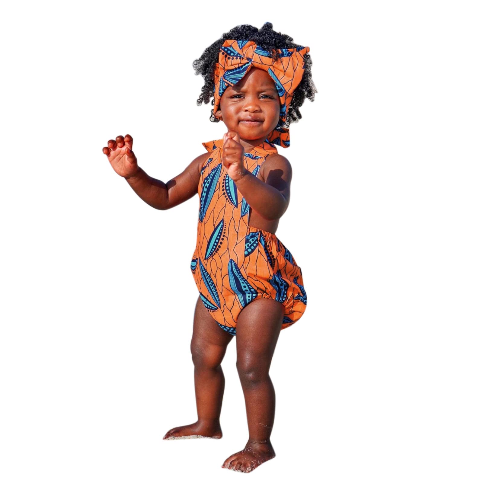 African Ankara Print Sleeveless Backless Romper Bodysuit for Baby Girls 3-18 Months | Traditional African Outfit with Matching Headband | Perfect for Photoshoots, Cultural Events & Special Occasions (Orange, 9-12 Months)