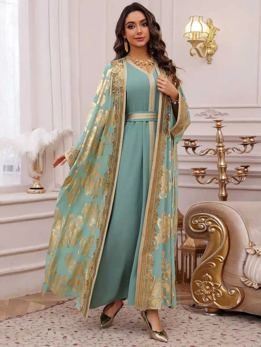 Urgarment 2 Piece Elegant Bronzing Eid Dress Set - Caftan with Inner Sleeveless Dress #25473 | Perfect for Eid Celebrations, Weddings & Special Occasions