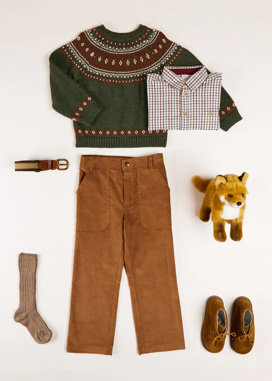 Green Fair Isle Merino Wool Sweater for Boys - Cozy Winter Knitwear for School & Outdoor Activities