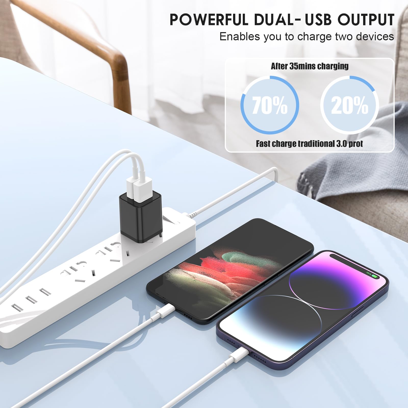 Cabepow 2-Pack 6ft MFi Certified Lightning Cable with Fast Dual Port USB Charger Block - Compatible with iPhone 13/12/11 Pro Max/XS Max/XR/X/8 - Perfect for Home, Office & Travel Charging