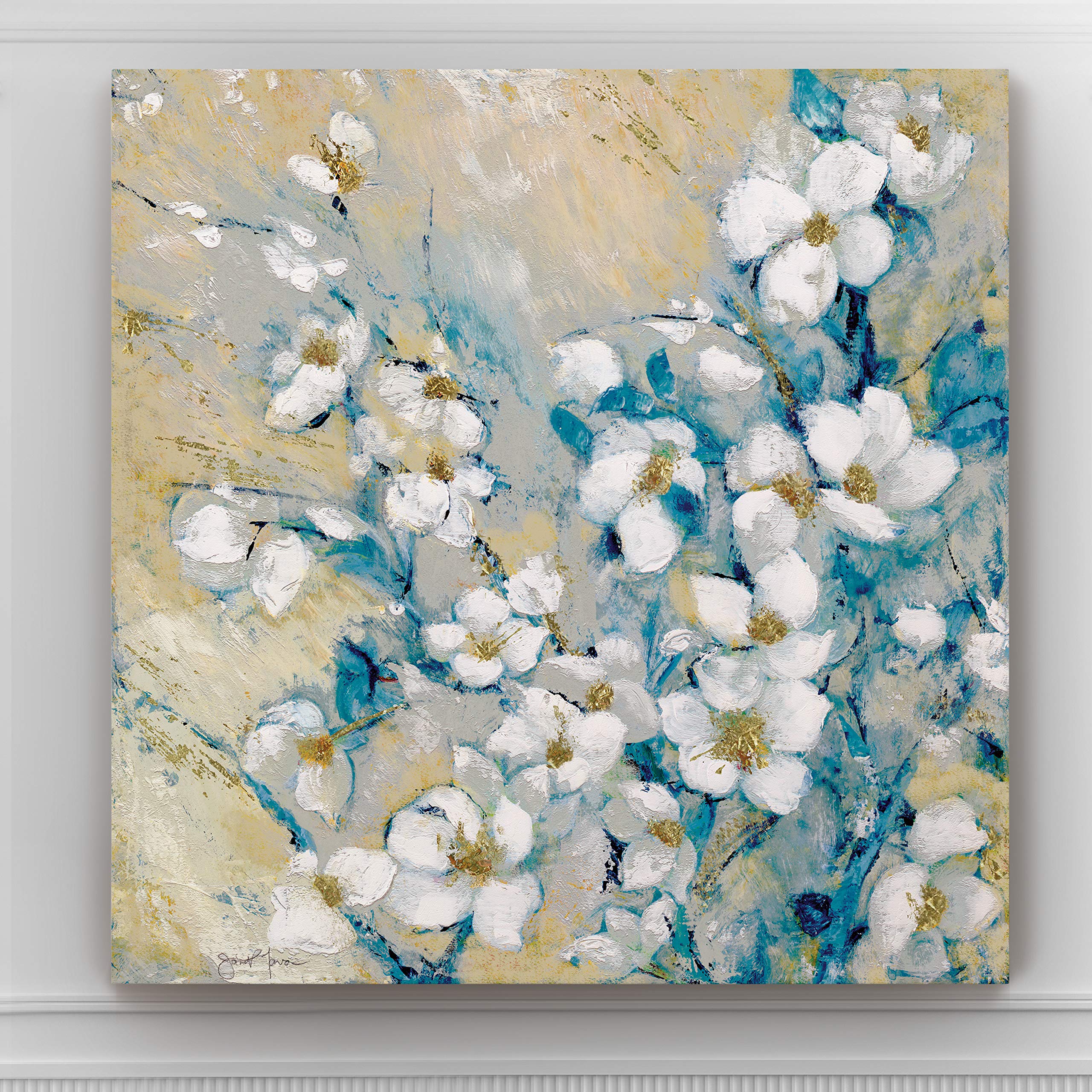 Modern Floral Abstract Canvas Wall Art - Blue & White Aesthetic Painting for Bedroom, Living Room, Kitchen & Home Office Decor - 16x16 Inch Gallery Wrapped Flower Print - Perfect for Boho Chic, Farmhouse & Contemporary Interior Design Styles