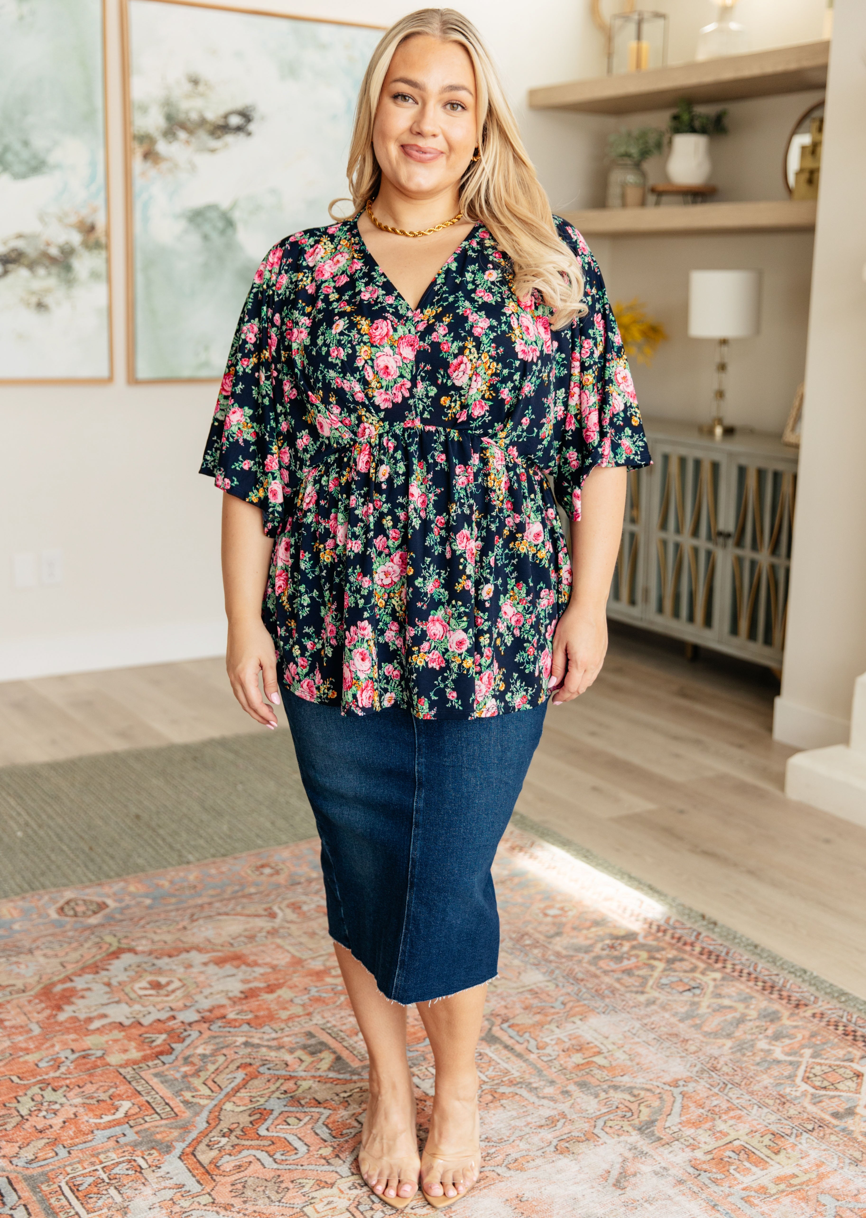 Vintage Floral Print Women's Tops - Navy & Pink Bouquet Design for Casual Wear, Date Night & Summer Outfits
