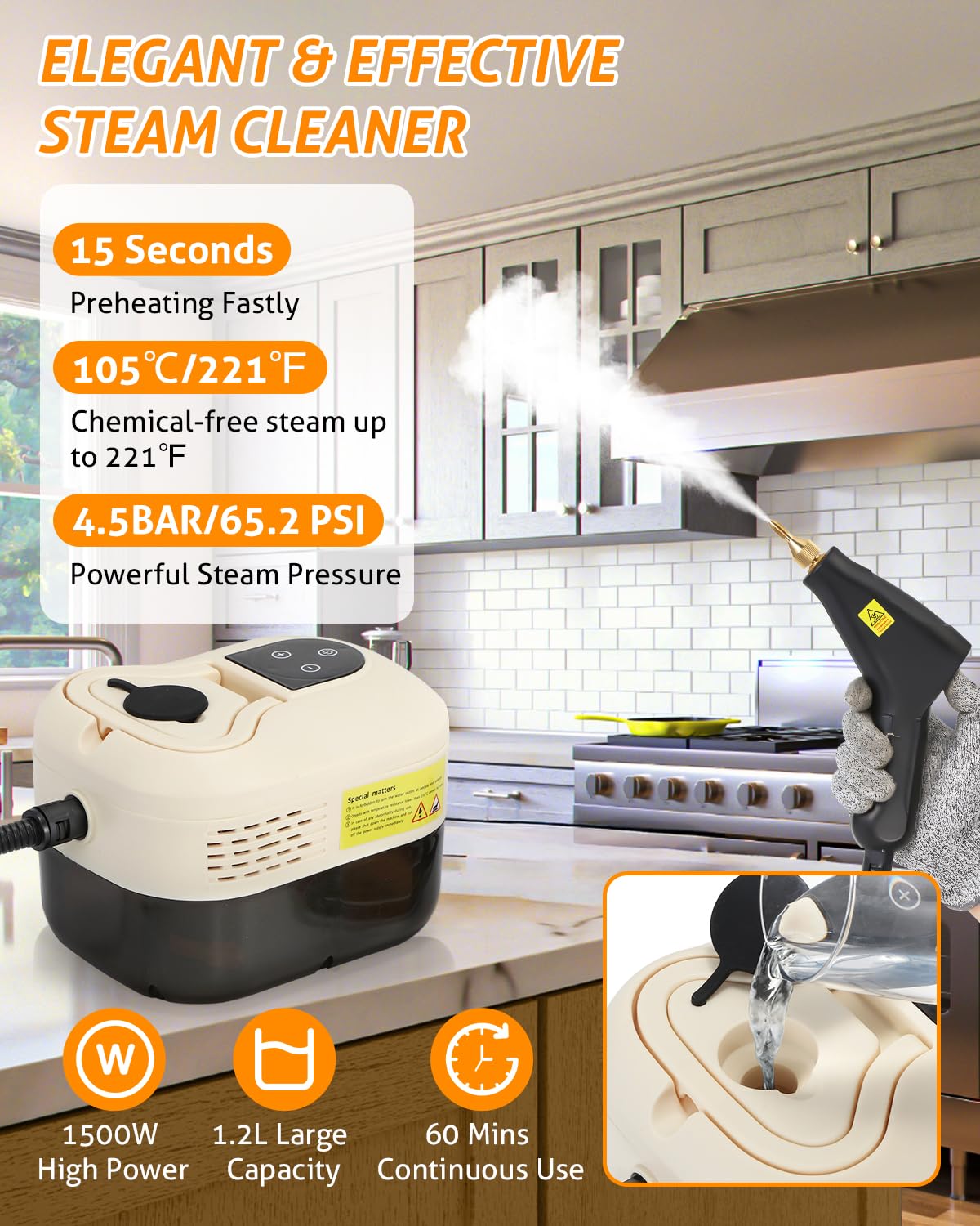 WICHEMI 1500W Handheld Steam Cleaner - High Pressure Portable Steamer for Home, Kitchen, Car Detailing & Auto Cleaning | Electric Steam Cleaning Machine for Floors, Upholstery & Hard Surfaces (Beige)