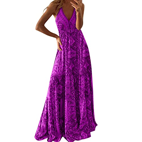 Women's Floral V-Neck Sling Long Dress - Sleeveless Bohemian Beach Swing Dress for Summer Vacation, Party & Outdoor Date Night