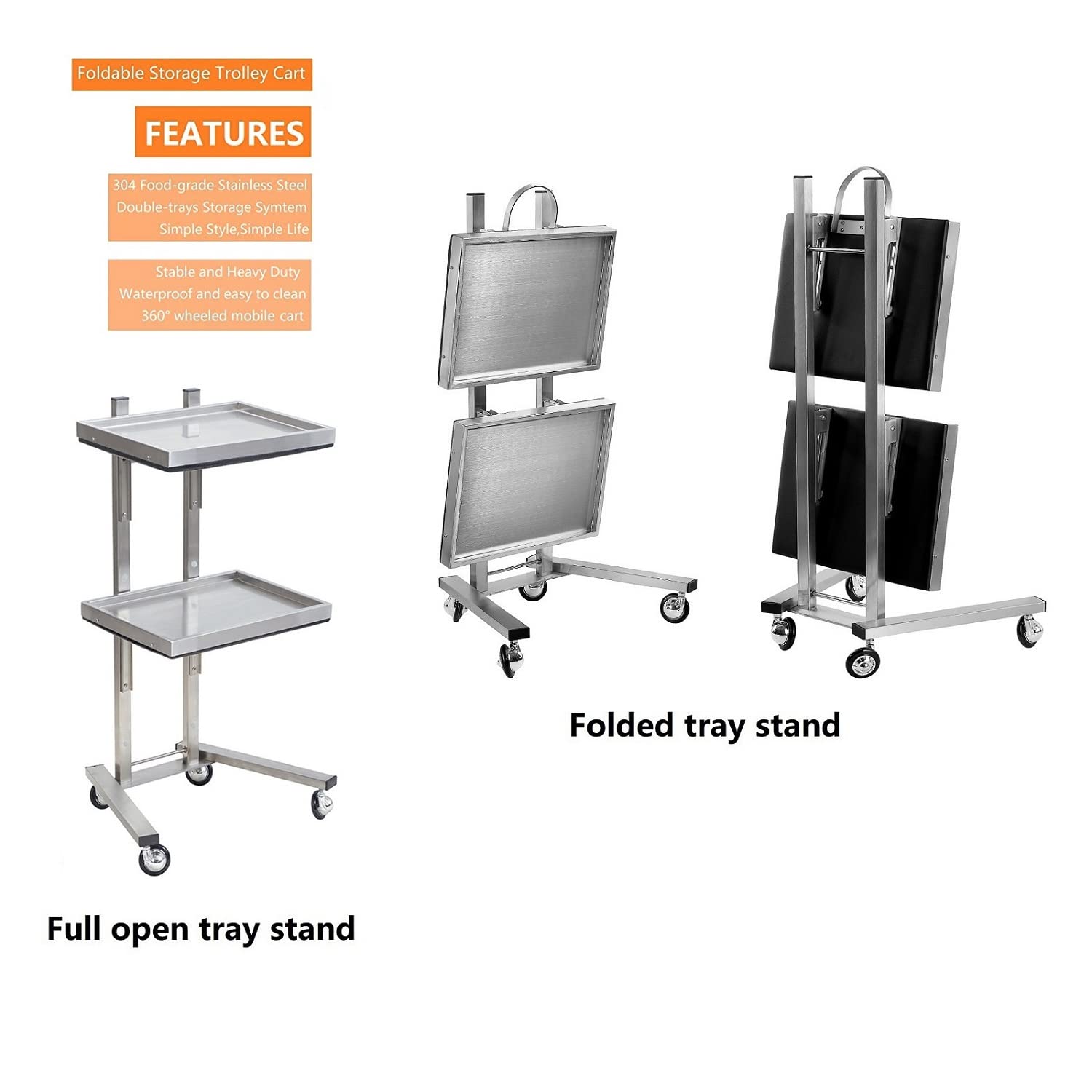 Kaleurrier Rolling Tool Cart with Double Storage Tray - Stainless Steel Utility Trolley with Wheels for Salon, Tattoo, Spa, Clinic & Home Use | Portable Beauty & Medical Instrument Stand (Silver) | Perfect for Organizing Tools in Professional Studios or Home Workspaces