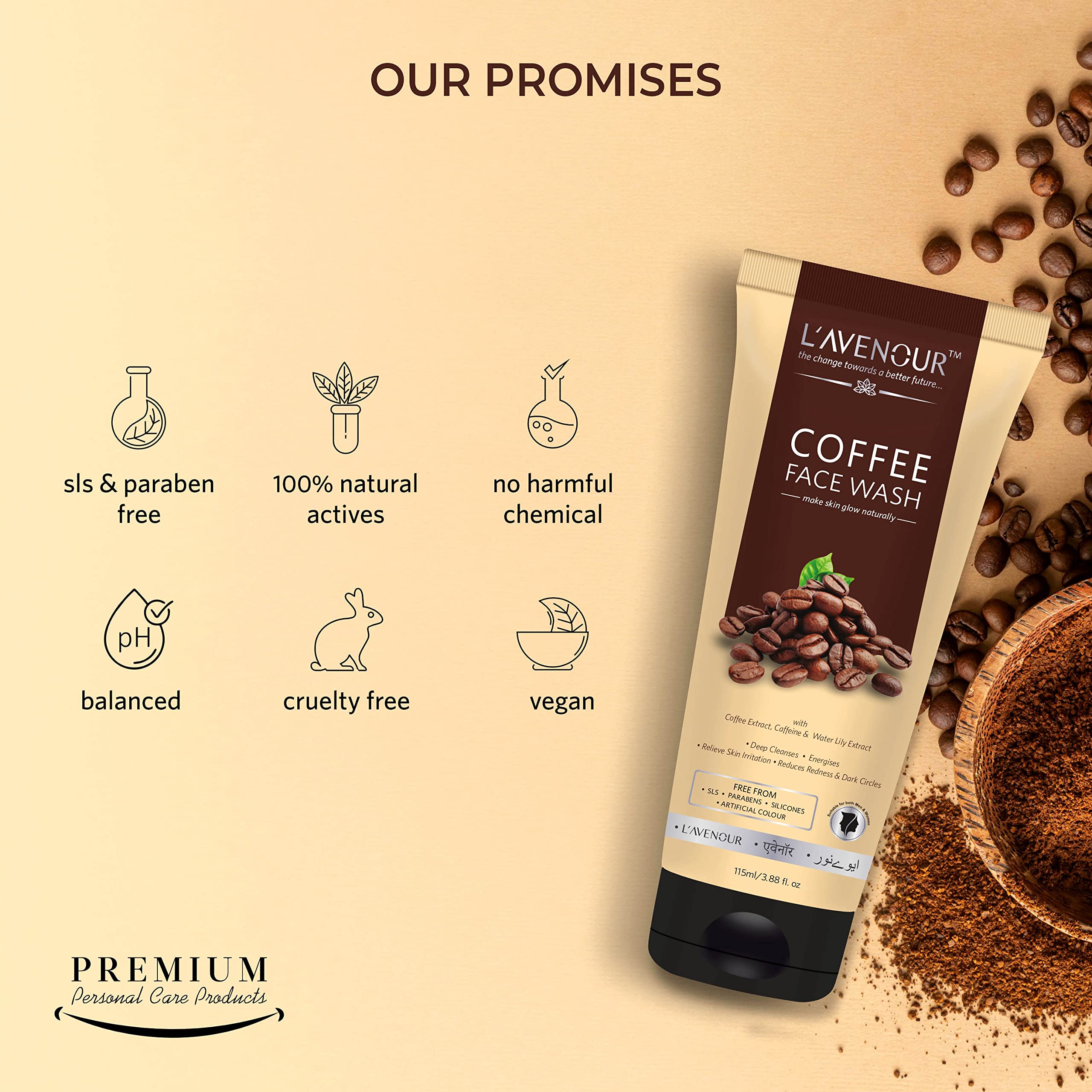 L'avenour Deep Cleansing Coffee Face Wash - Reduces Redness & Dark Circles, 115ml - Gentle Exfoliating Facial Cleanser for Acne-Prone & Sensitive Skin - Perfect for Morning & Night Skincare Routine