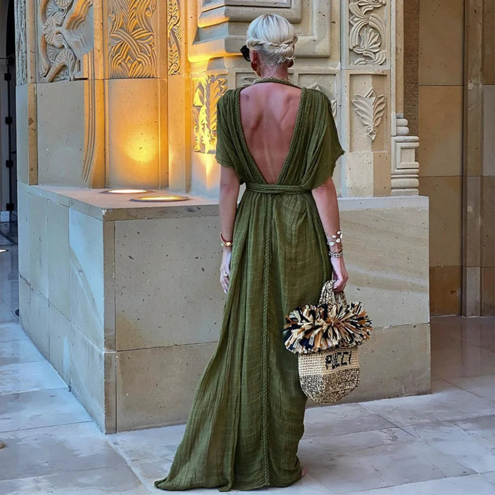 Bohemian Green Holiday Dress for Women - Elegant Solid Casual Long Maxi Dress with Sexy Backless & Side Slit | Perfect for Beach, Summer Vacations & Boho Chic Outfits