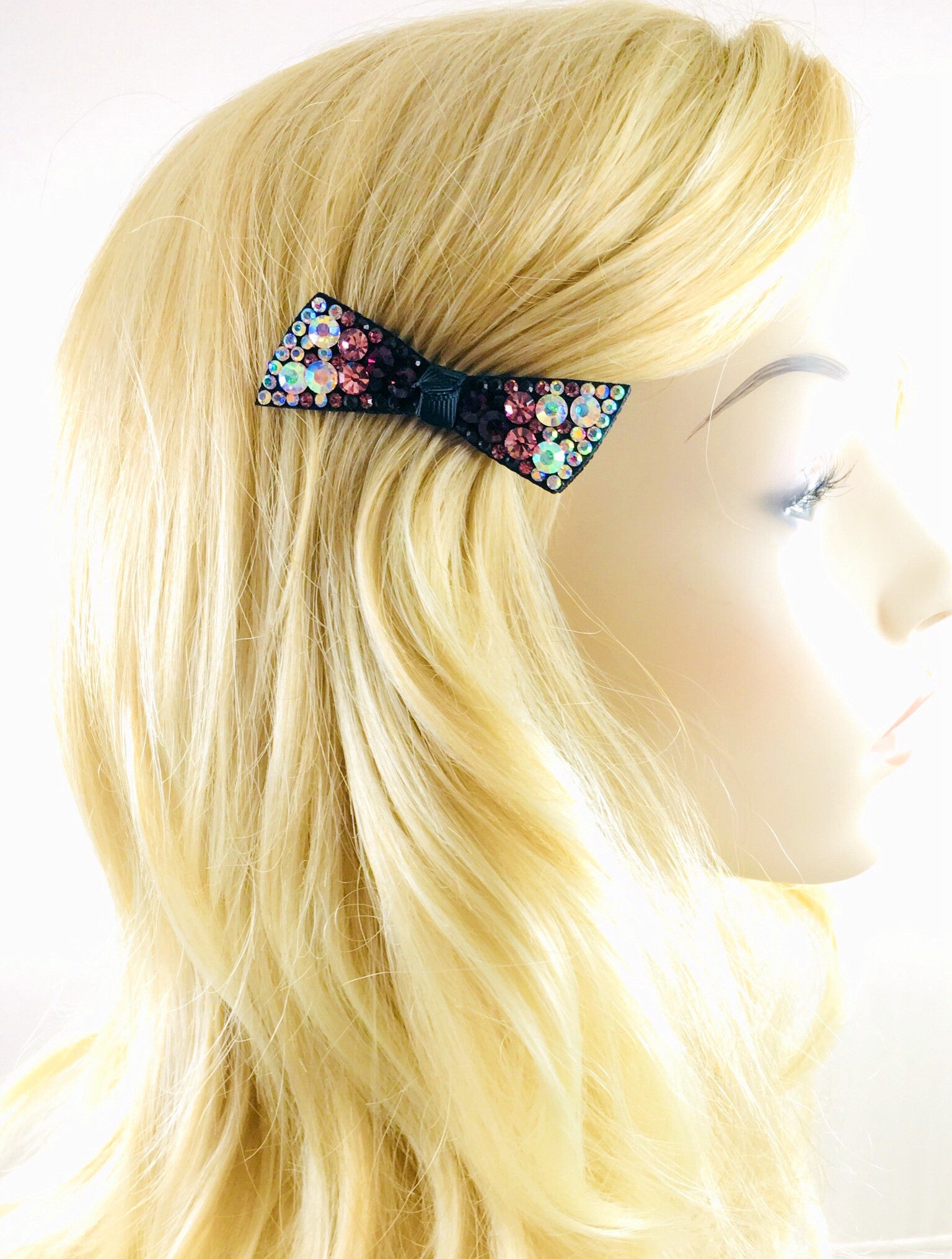 Elegant Swarovski Crystal Bow Knot Hair Clip - Acrylic Black Base with AB Pink Magenta Finish | Perfect for Weddings, Parties & Everyday Glamour
