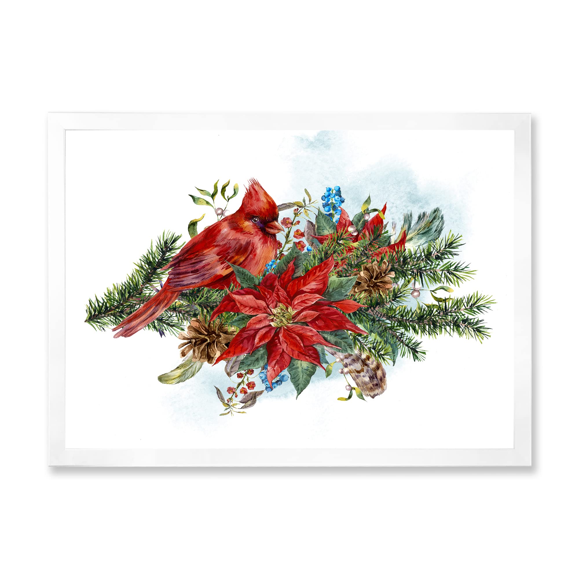 Christmas Poinsettia and Red Cardinal Bird Framed Wall Art - Traditional Holiday Home Decor for Living Room, Bedroom & Office