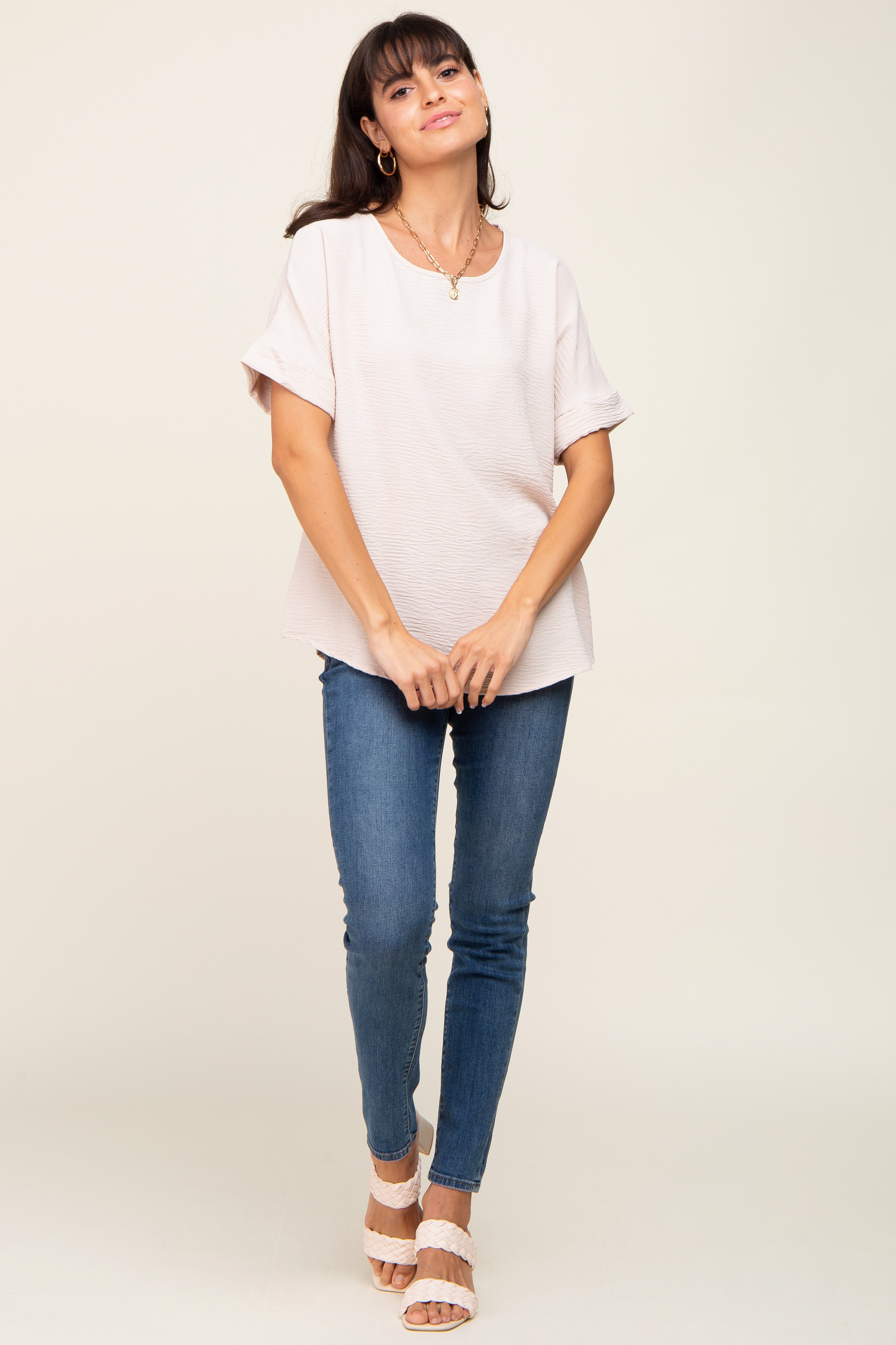 Beige Rolled Cuff Short Sleeve Blouse for Women - Casual Summer Tops for Work & Weekend Outfits