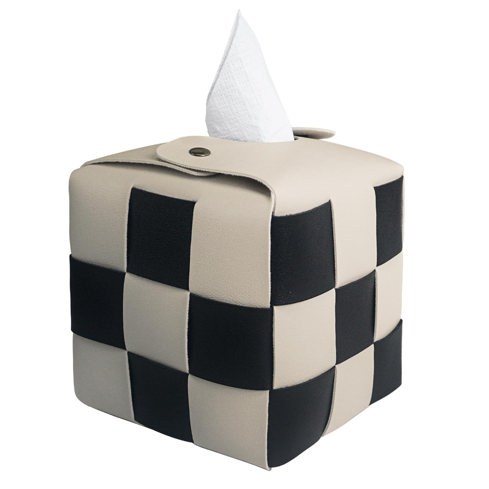 PU Leather Square Tissue Box Cover with Metal Buckle - Checkered Decorative Organizer for Bedroom, Vanity, Nightstand, Bathroom & Office (Beige) | Home Decor & Gift Idea for Housewarming, Wedding, Birthday
