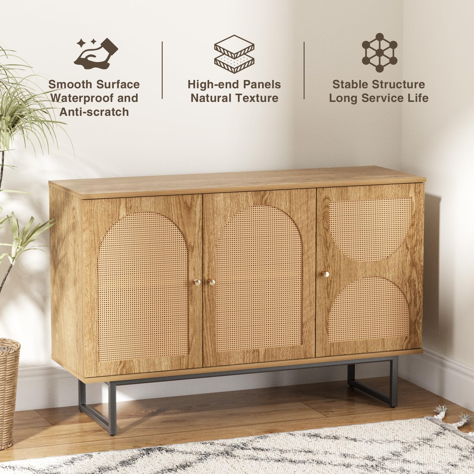 Rattan Sideboard Buffet Cabinet with Metal Legs - Boho Style Credenza for Living Room, Hallway, Entryway - Natural Wood & Woven Rattan Storage Cabinet | Perfect for Dining Room Storage, Home Decor, and Entertaining Guests