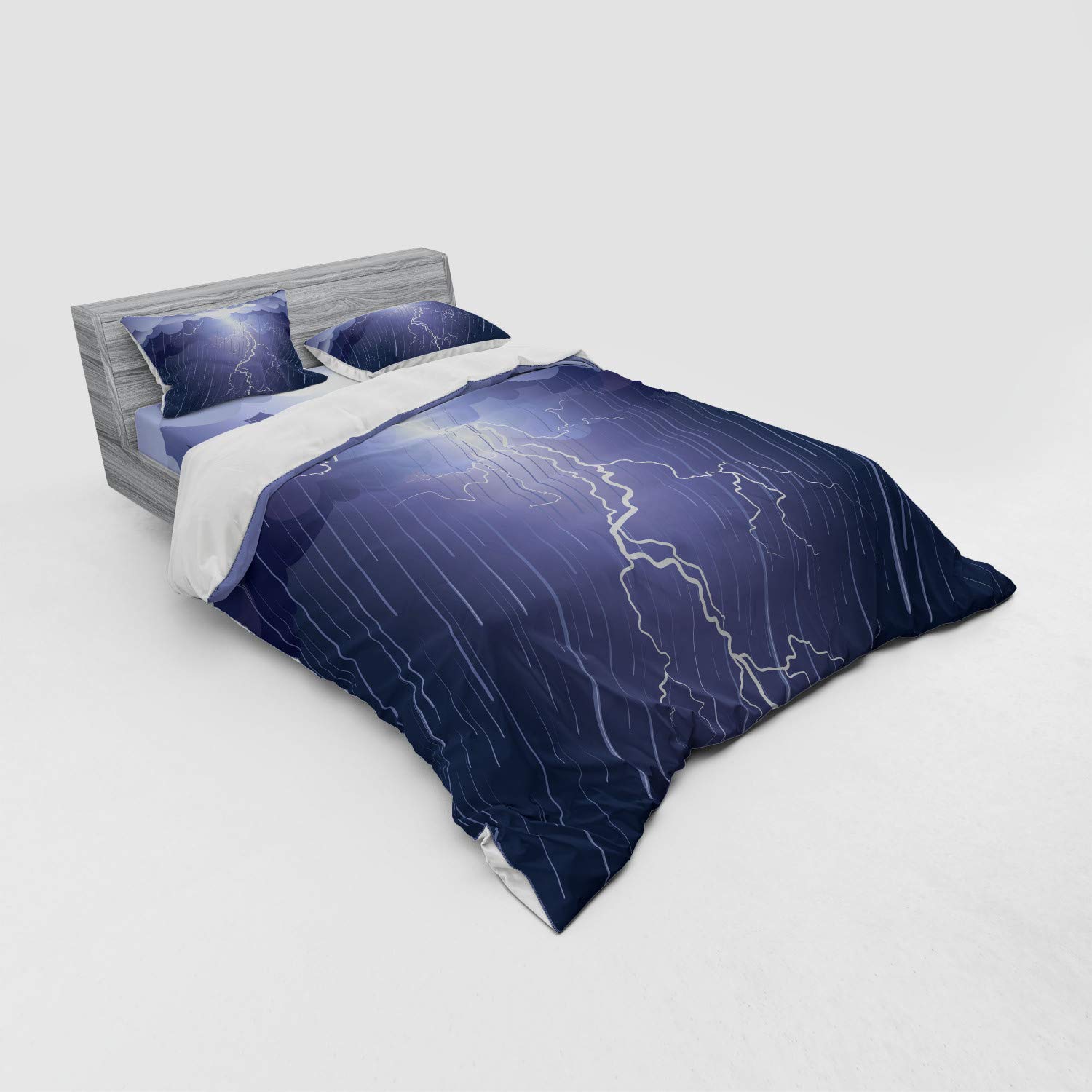 Ambesonne Queen Blue Duvet Set - Lightning Storm Design for Cozy Nights