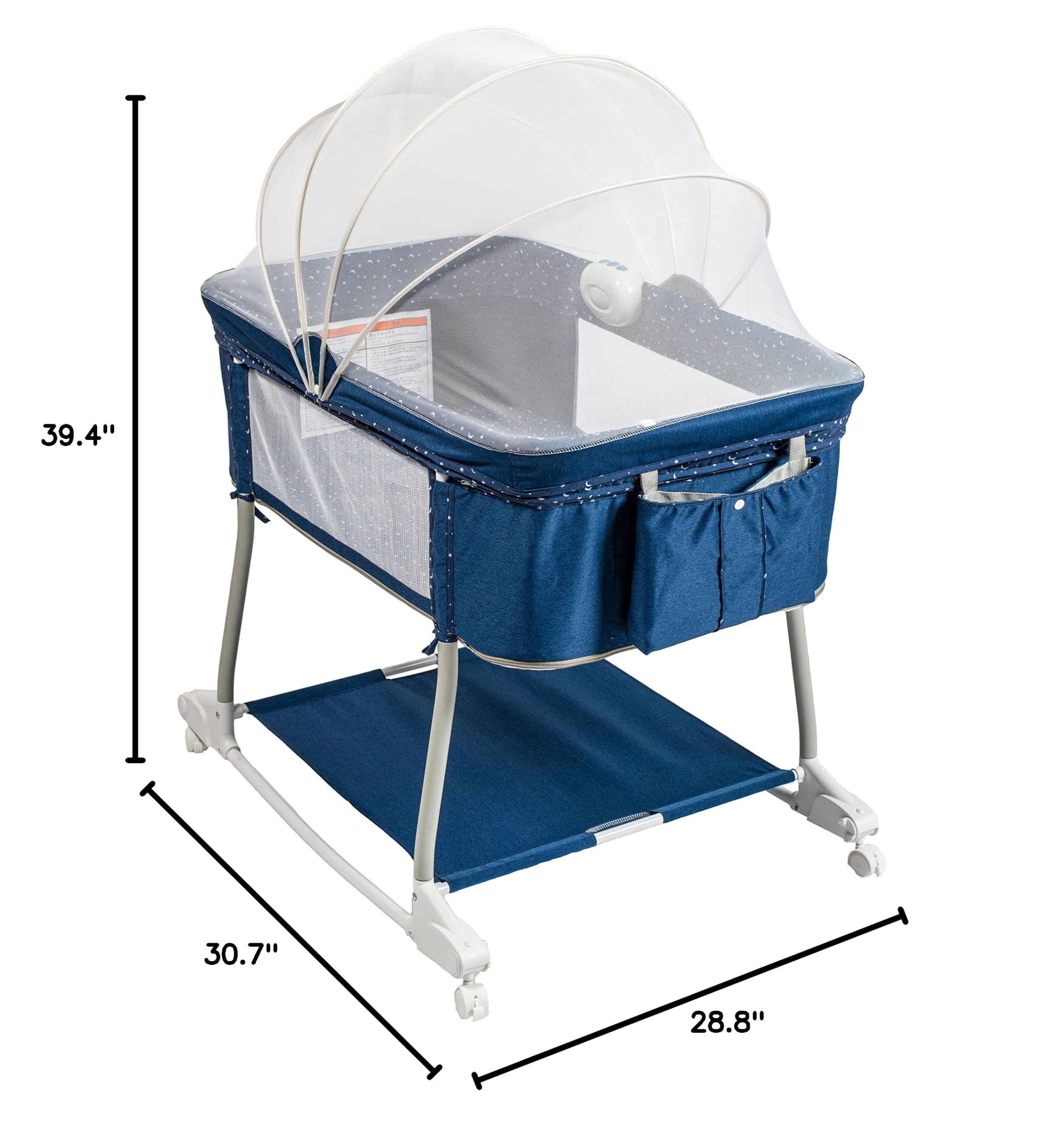 Portable 3-in-1 Baby Bassinet on Wheels - Adjustable Bedside Sleeper, Rocking Crib & Playard with Breathable Mesh, Detachable Mosquito Net, Vibration Music Box & Night Light (Navy Blue) - Perfect for Nursery, Bedroom & Travel Use