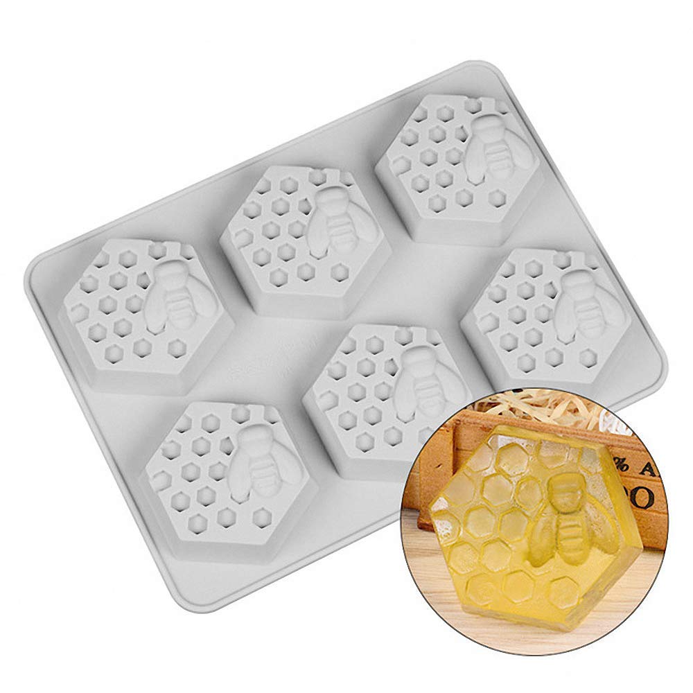 2Pcs 3D Hexagon Honeycomb Soap & Cake Molds - Beehive Silicone Baking Pan for Chocolate, Candy, Biscuits & Muffins - 6-Cavity Ice Cube Tray (Gray) - Perfect for DIY Desserts, Party Treats & Handmade Soap Crafts