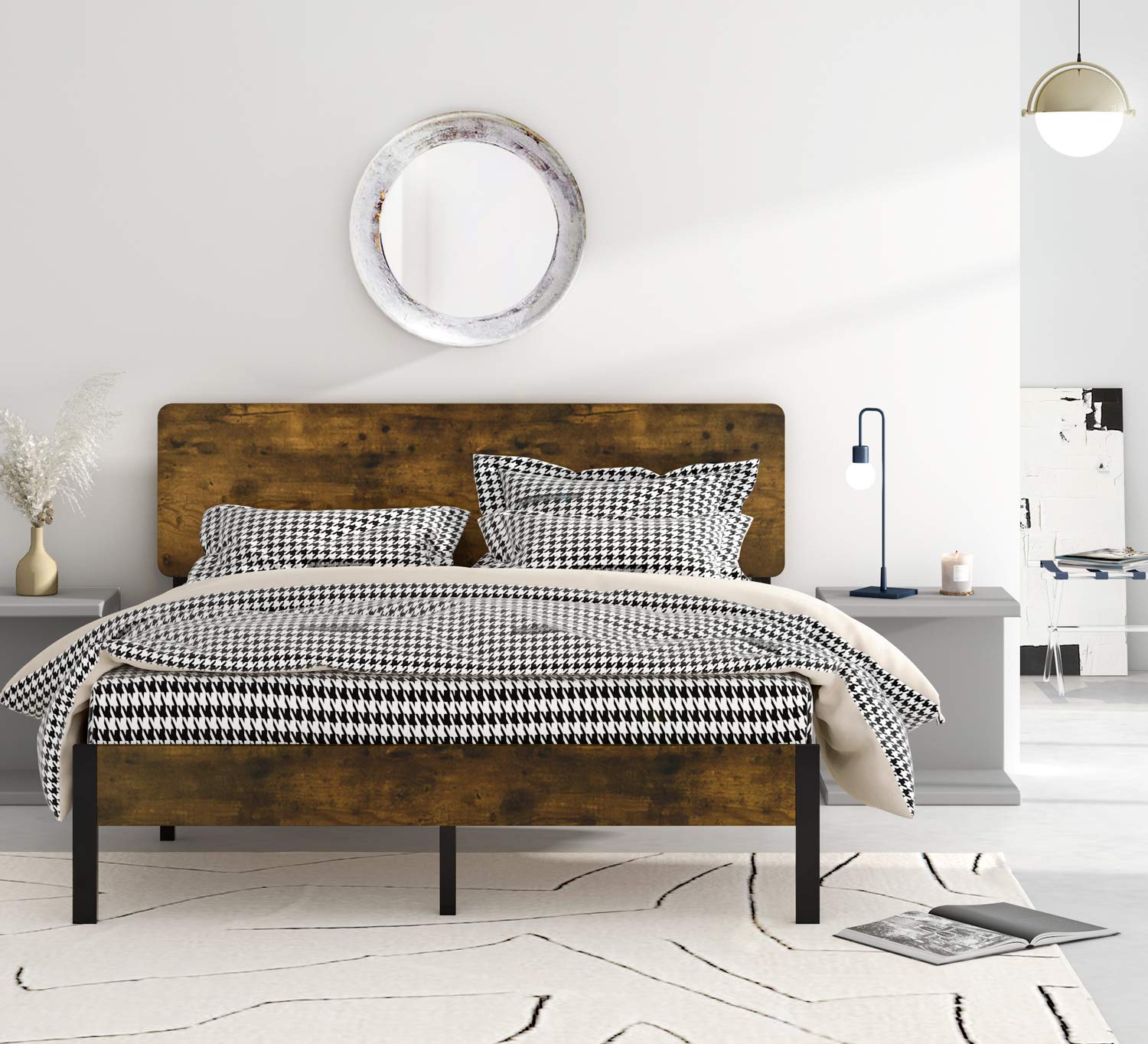 Full Size Platform Bed Frame with Wooden Headboard - Sturdy Storage Bed Foundation, No Box Spring Needed - Perfect for Small Bedrooms, Guest Rooms & Dormitories