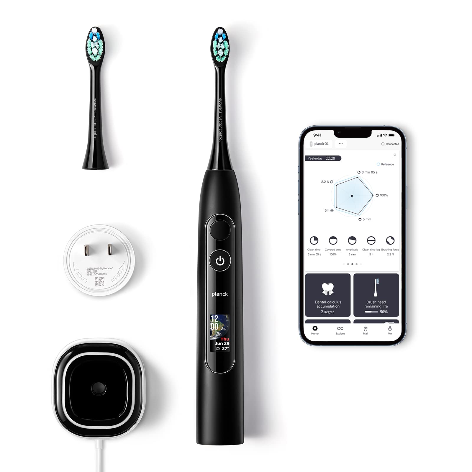 evowera Adaptive Electric Toothbrush with 6 Cleaning Modes & Smart Coaching App - Full Color LCD Screen, 10-100% Adjustable Intensity, Wireless Fast Charging, IPX7 Waterproof - Sonic Toothbrush with Timer & Uncleaned Reminder for Daily Oral Care at Home or Travel