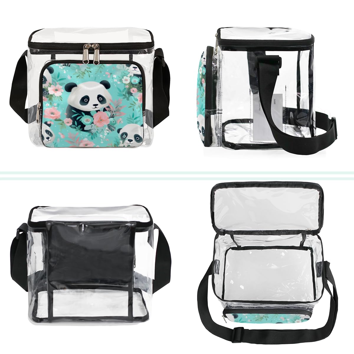 GzLeyigou Panda Clear Tote Bag with Handles - Cute Panda & Floral Design Transparent Crossbody Shoulder Bag for Lunch, Beach, Travel, Picnic, Concerts & Sports Events - Stadium Approved Clear Purse (Perfect for Outdoor Activities, Theme Parks & Security Checkpoints)