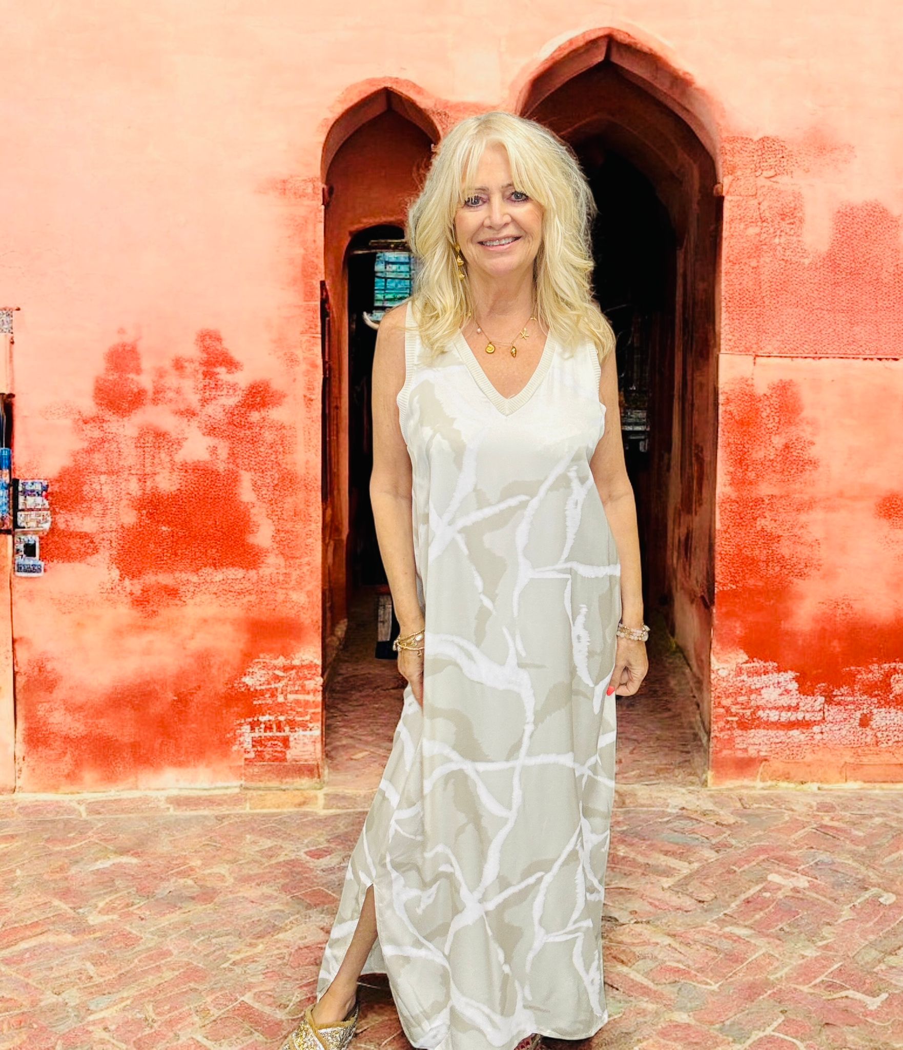 Women's V-Neck Camouflage Dress in Cream - Stylish & Comfortable for Casual Outings, Parties & Outdoor Adventures
