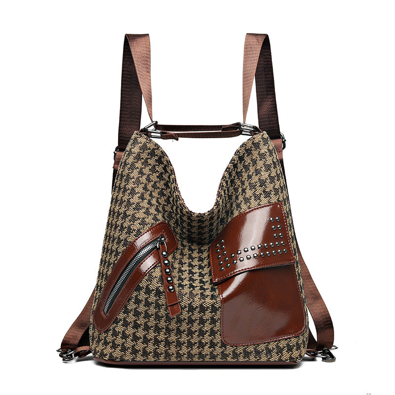 Stylish Houndstooth Backpack for Women - Fashionable Leopard Print Shoulder Bag with Rivet Design | Perfect for Work, Travel & Daily Use
