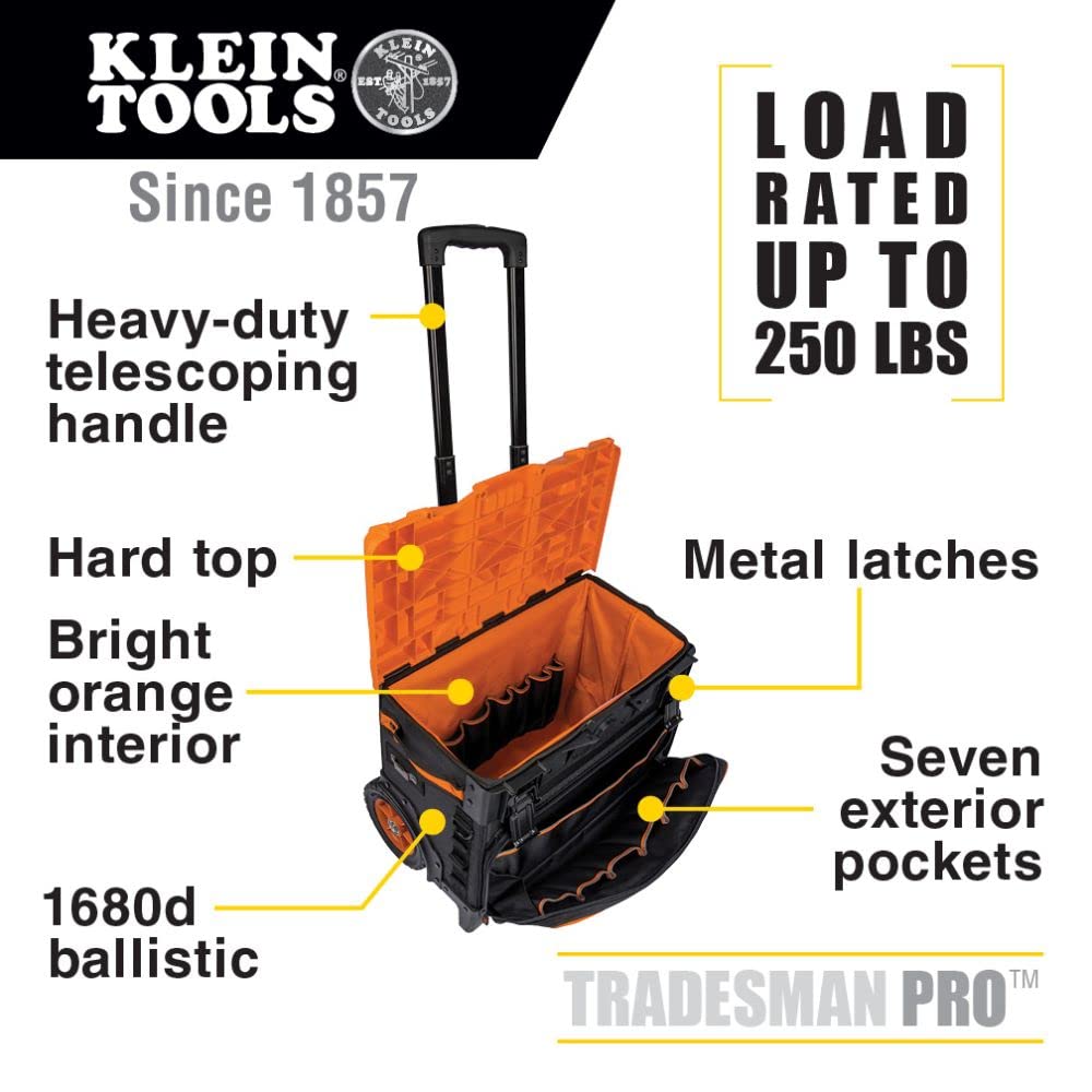 Klein Tools Tradesman Pro Rolling Tool Bag with LED Work Light - Heavy Duty Rolling Toolbox for Electricians, Contractors & DIY - Perfect for Job Sites, Workshops & Home Repairs