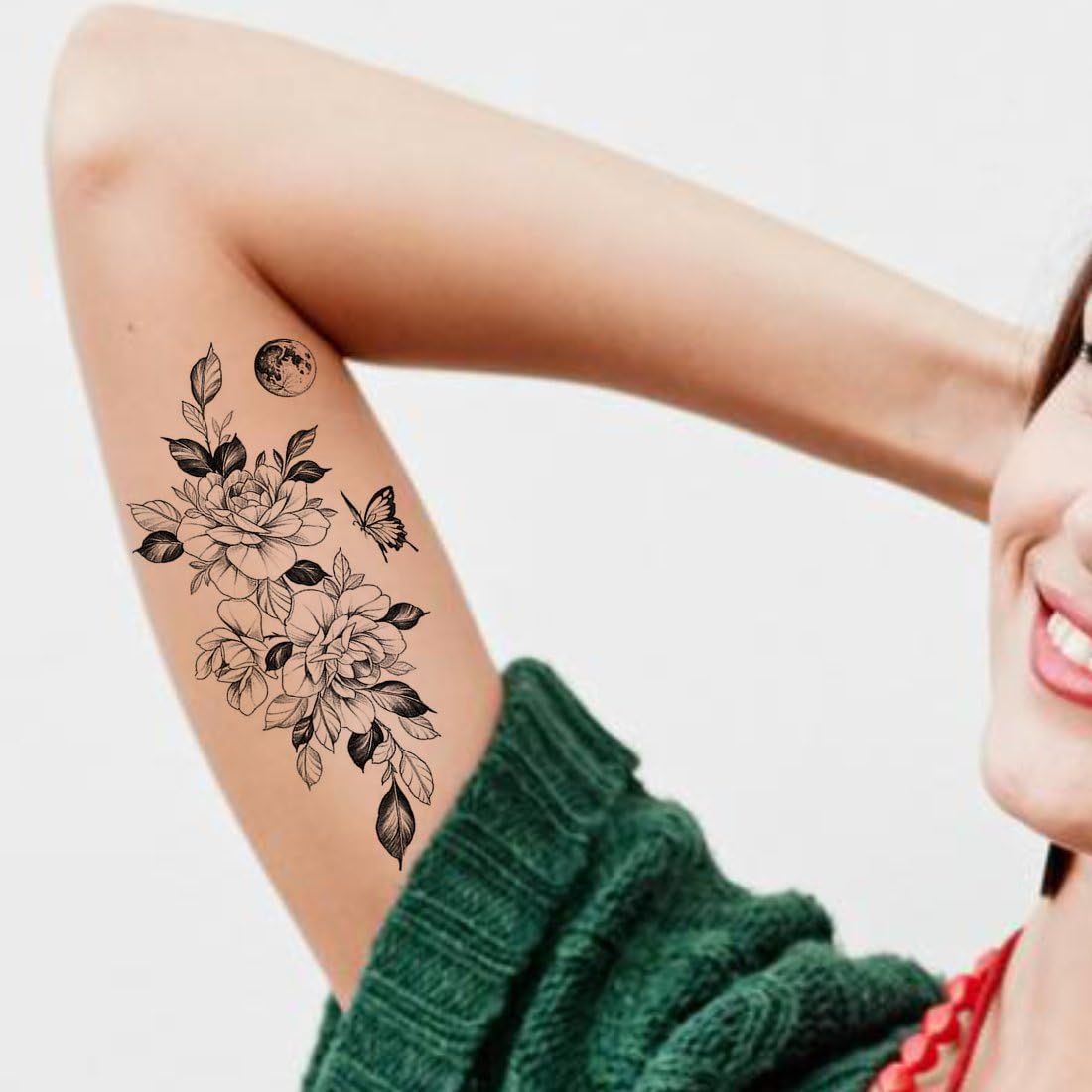 Tatmods Rose with Moon Butterfly Waterproof Temporary Tattoos for Men, Women, Girls & Kids - Perfect for Parties, Festivals & Summer Beach Fun
