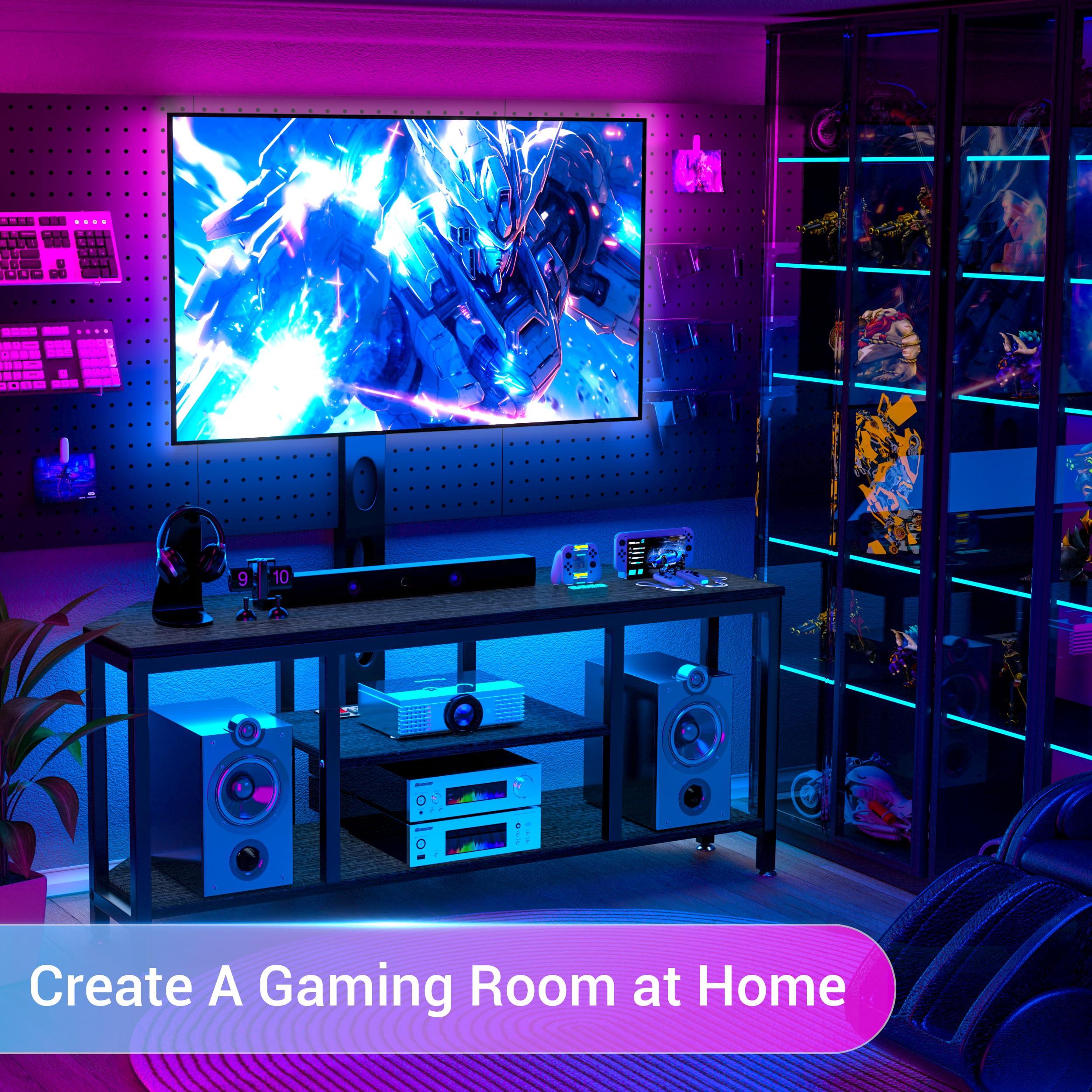 Universal Corner TV Stand with Mount for 32-65 Inch TVs - Adjustable Height Swivel TV Console with LED Lights, Wood & Steel Entertainment Center with Built-in Power Outlet & Storage Cabinet - Perfect for Living Room, Bedroom or Home Theater Setup (Black)