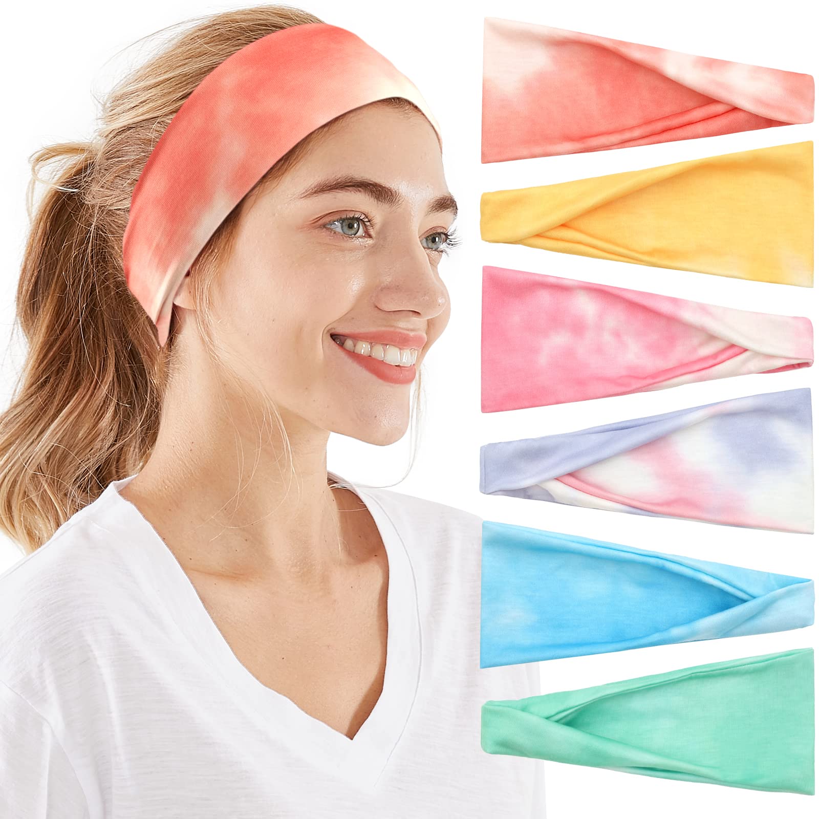 6 PCS Wide Boho Headbands for Women - Non Slip Elastic Bandana Headwraps, Fashion Hair Bands for All Head Sizes - Perfect for Workout, Sports, Running, Yoga & Everyday Wear