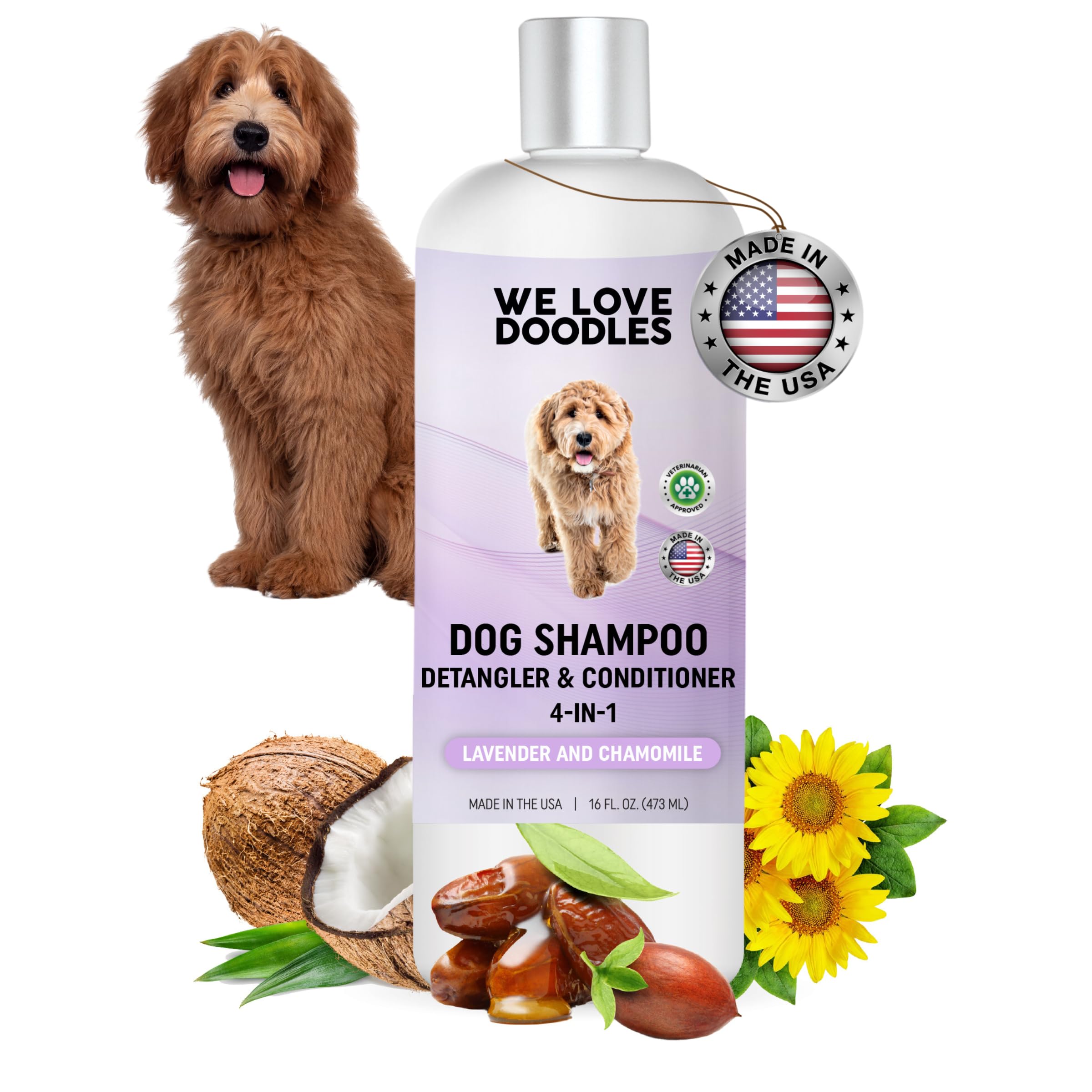 4-in-1 Lavender & Chamomile Dog Shampoo with Conditioner & Detangler - Best Hypoallergenic Shampoo for Goldendoodles, Poodles & Doodles - Matted Hair Solution for Dogs - Made in USA, 16oz - Perfect for Bath Time & Grooming Sessions