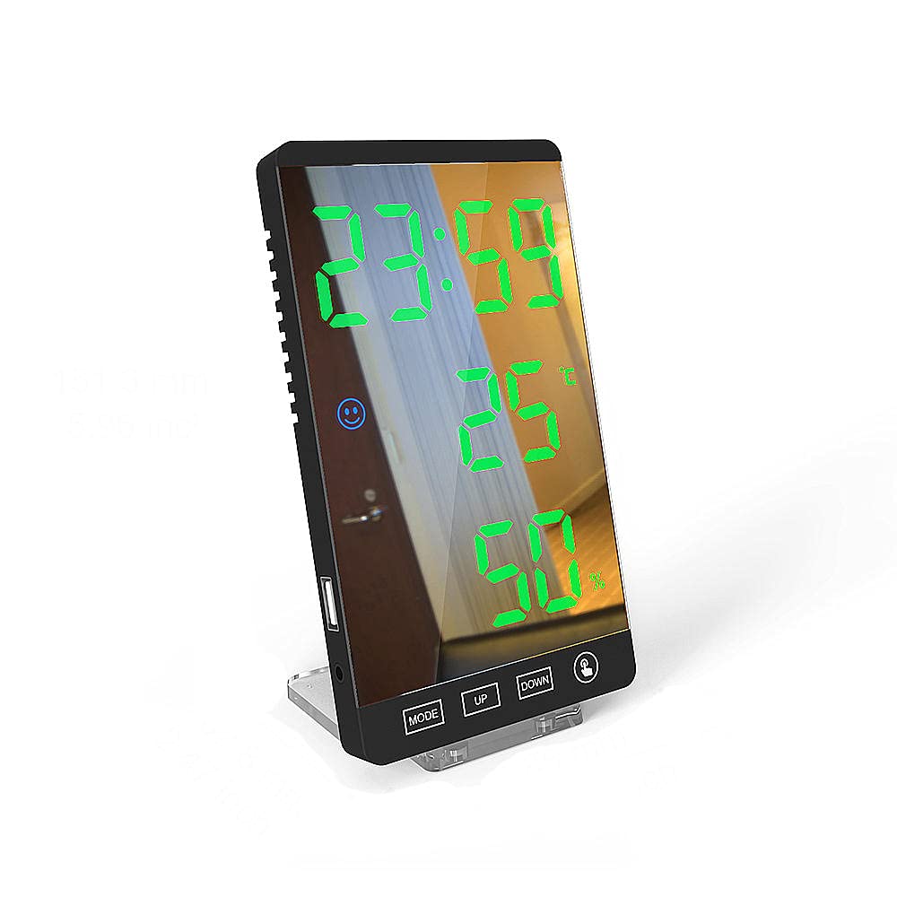 6 Inch LED Mirror Alarm Clock with Touch Button - Digital Wall Clock with Time, Temperature & Humidity Display, USB Output Port - Perfect for Bedroom, Bathroom, Office (Black & Green)