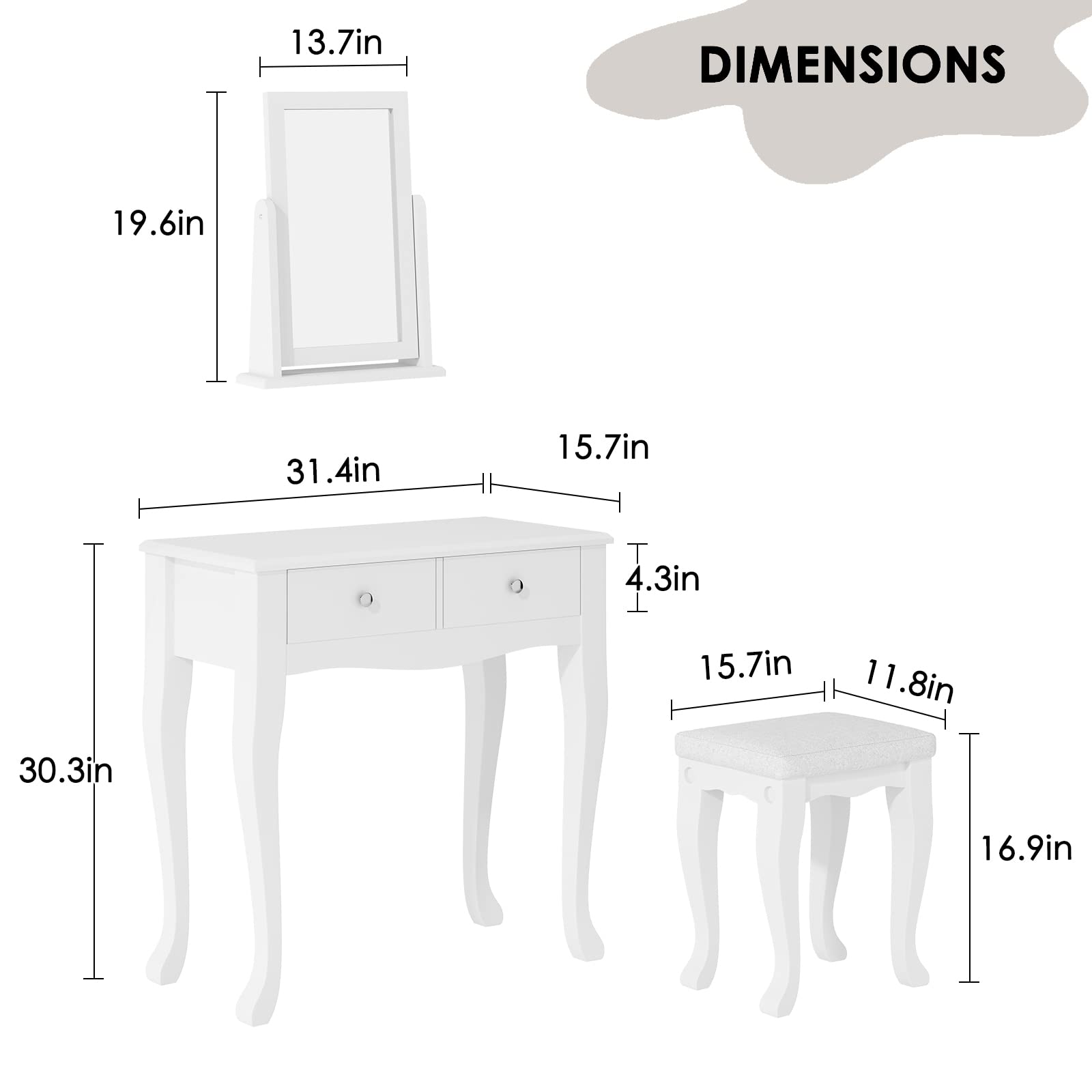 Soges White Makeup Vanity Table Set with 2-Drawer Dresser Desk, 360° Rotating Mirror & Cushioned Stool - Elegant Bedroom Dressing Table for Women's Beauty Routine, Cosmetics Organization & Home Decor