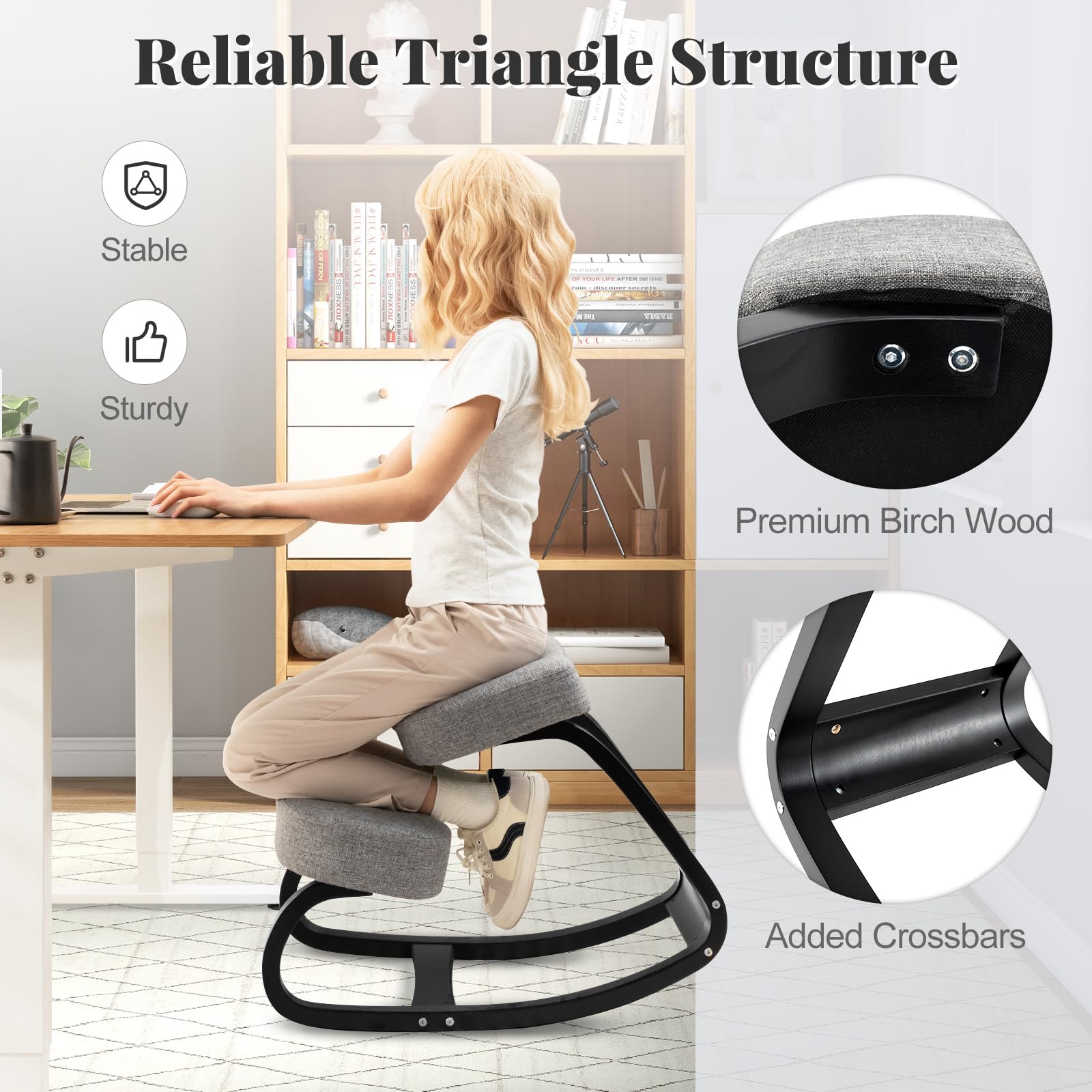 Giantex Ergonomic Kneeling Chair with Padded Cushion - Adjustable Rocking Posture Office Chair for Back & Neck Pain Relief, Wooden Knee Support Desk Chair for Home Office & Meditation - Perfect for Long Work Hours, Yoga & Reading