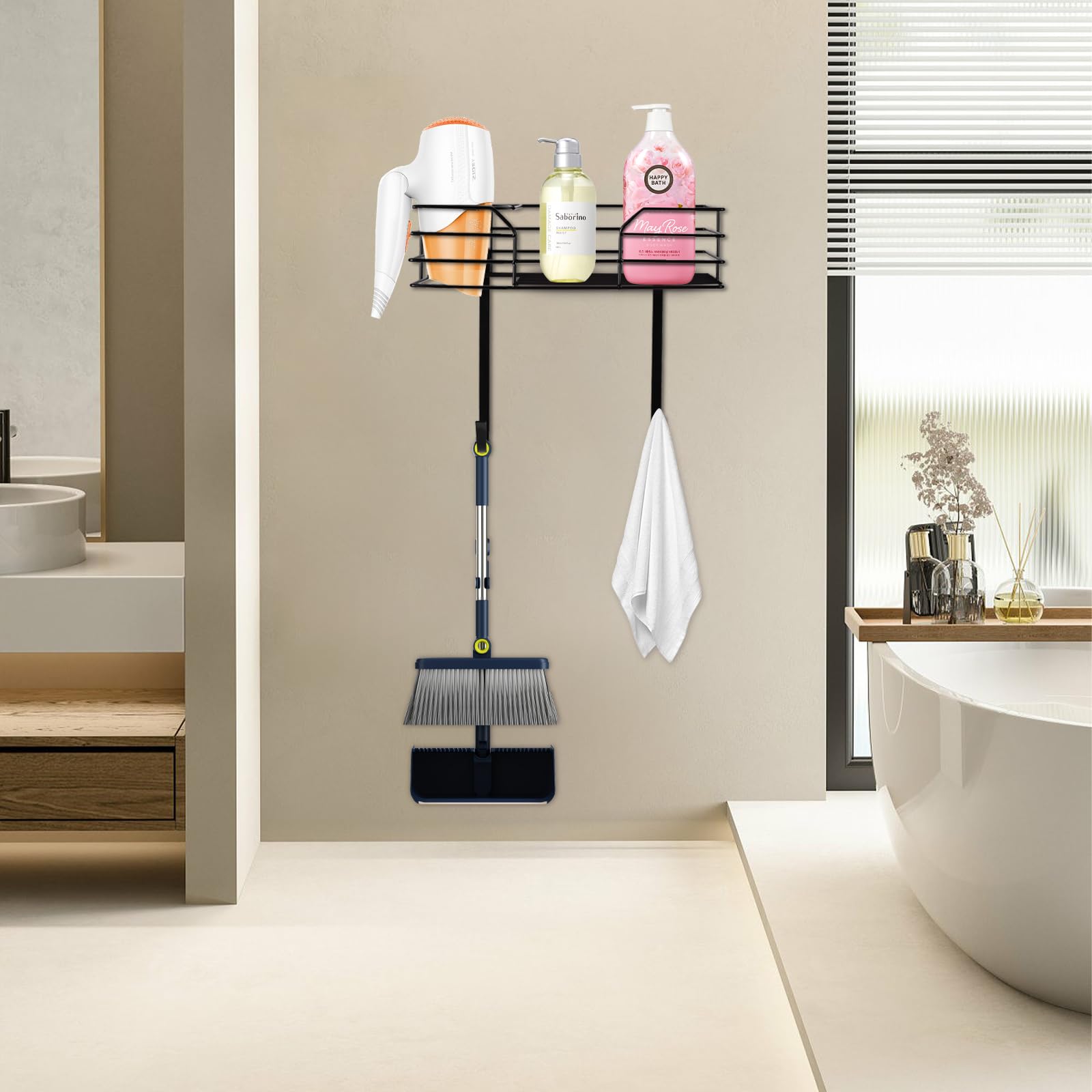 Wall Mount Ironing Board Holder with Hair Dryer Hanger - Space Saving Iron Board Organizer for Laundry Room, Closet & Bathroom - Black