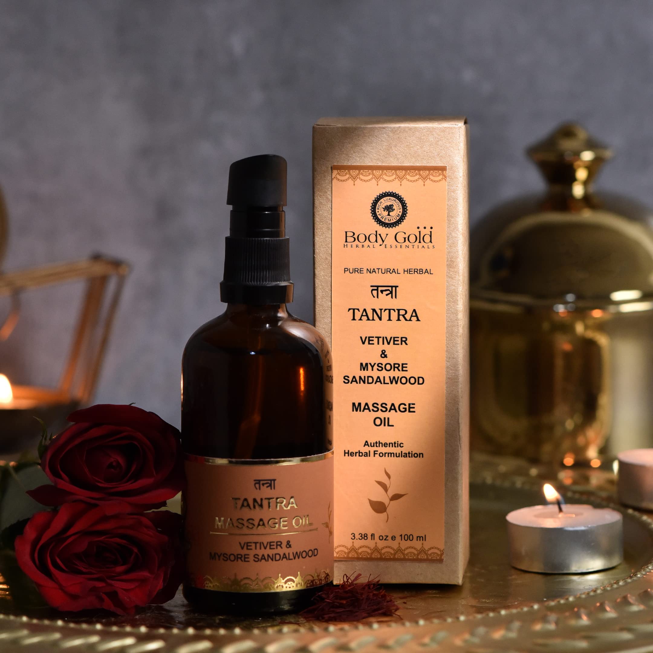 Premium Tantra Body Massage Oil - 100% Natural Mysore Sandalwood & Vetiver - Ayurvedic Relaxation Oil for Couples Massage, Aromatherapy & Sensual Wellness (100ml)