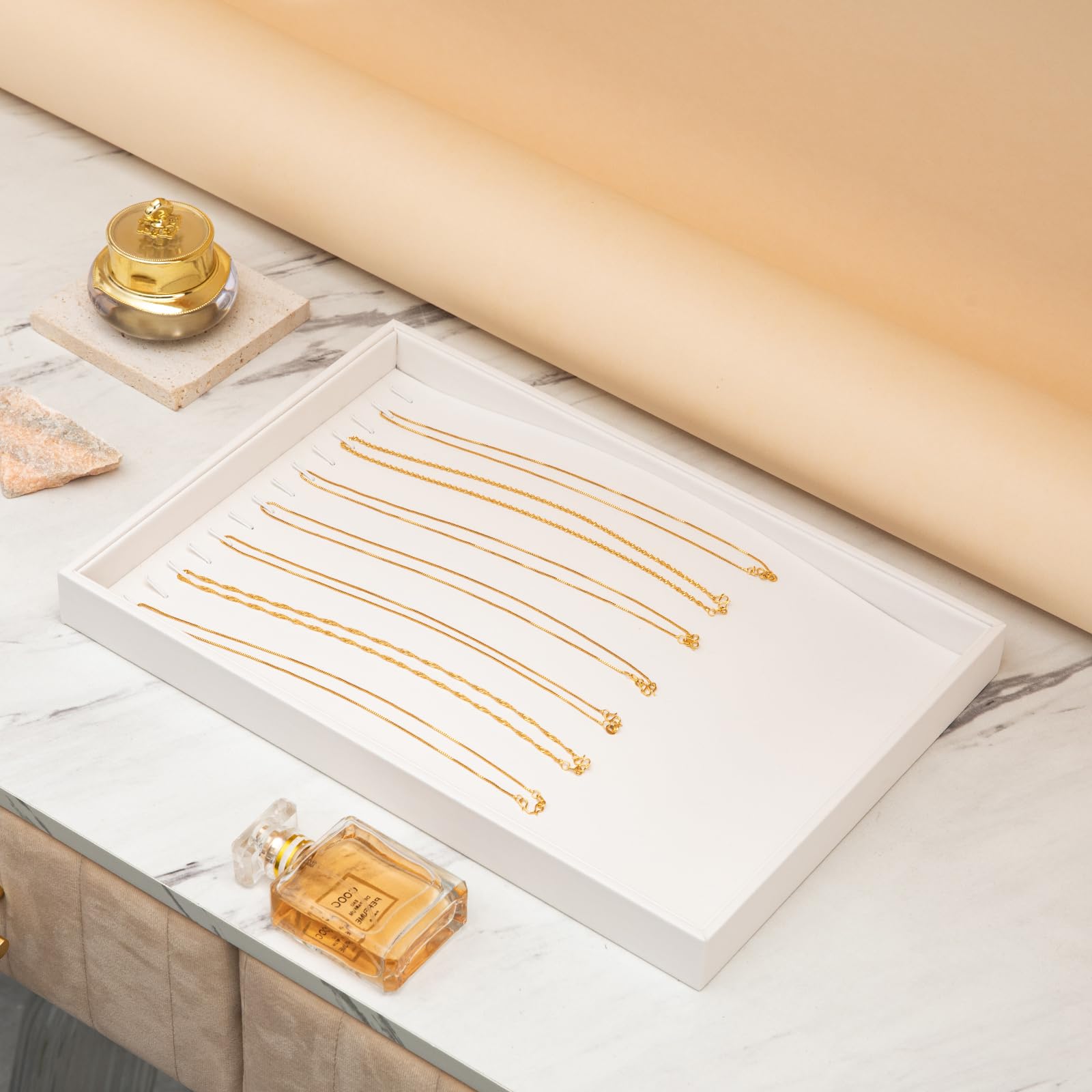 Polmart Stackable Necklace & Jewelry Organizer - 2 Pack White Leatherette Storage Trays for Necklaces, Rings, Earrings | Perfect for Vanity, Dresser, Travel & Gift Giving